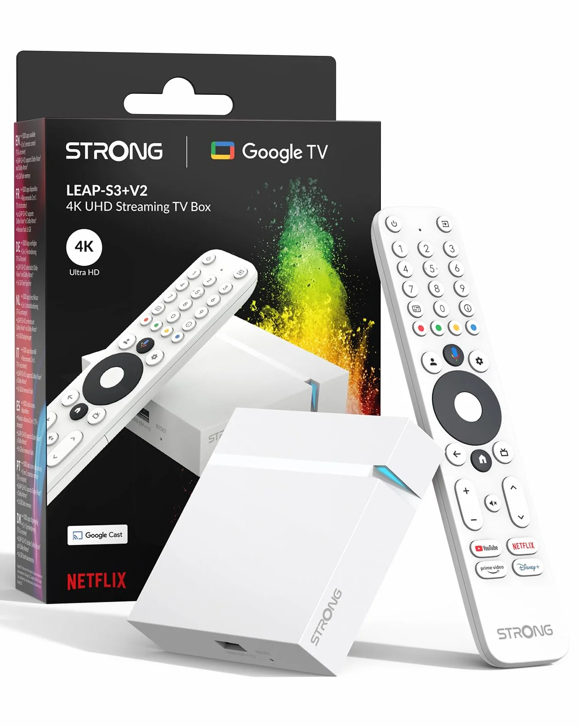 STRONG Leap-S3+V2 Streaming Smart TV Box 4K UHD 2GB RAM 16GB HDR10+ Dolby Vision WiFi 5 BLE 5 Ethernet RJ45 Asistente de Voz Blanco