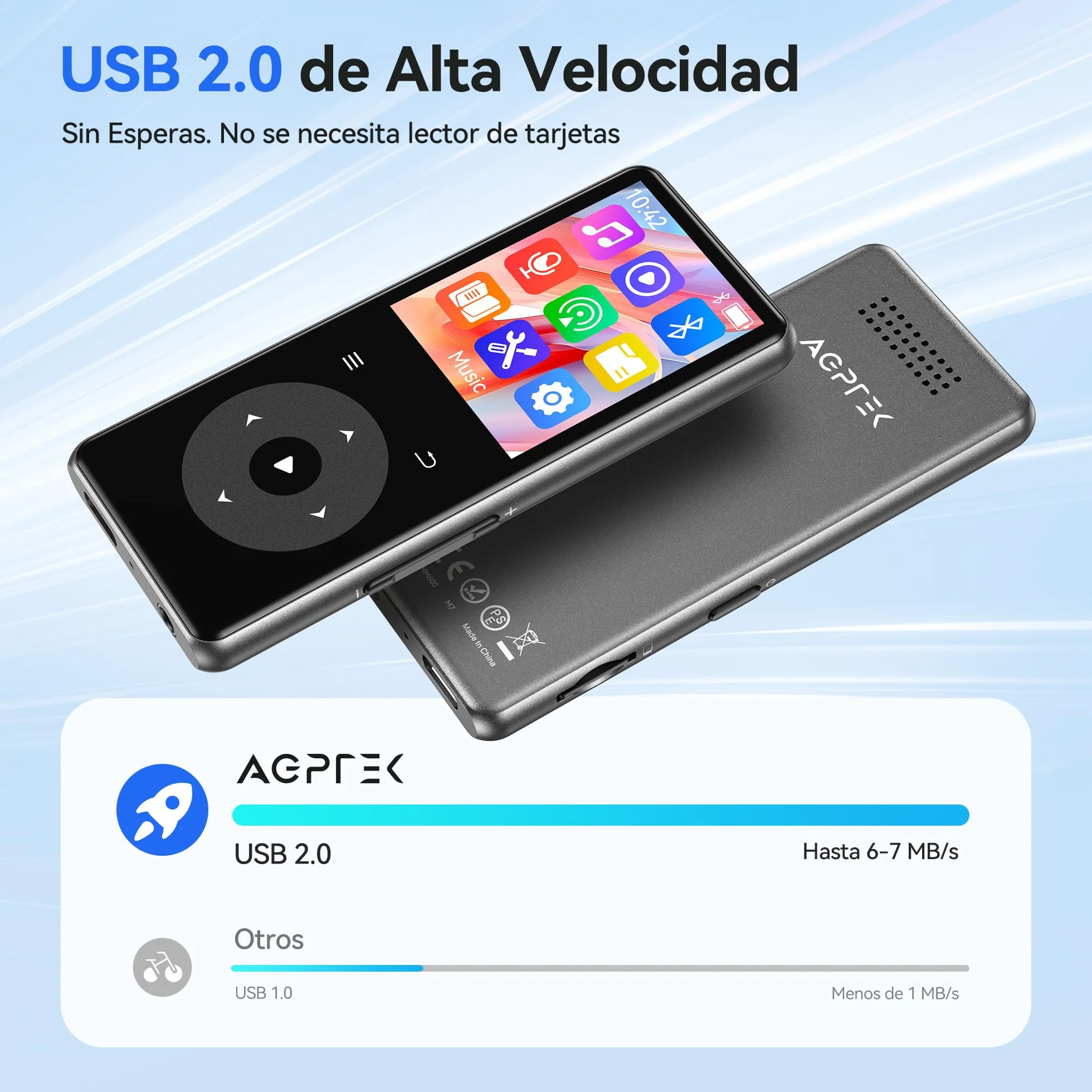 AGPTEK Reproductor MP3 Bluetooth 5.4, 1.8", Metal Portátil, Altavoz Integrado, Radio FM, Botones Táctiles, 128GB