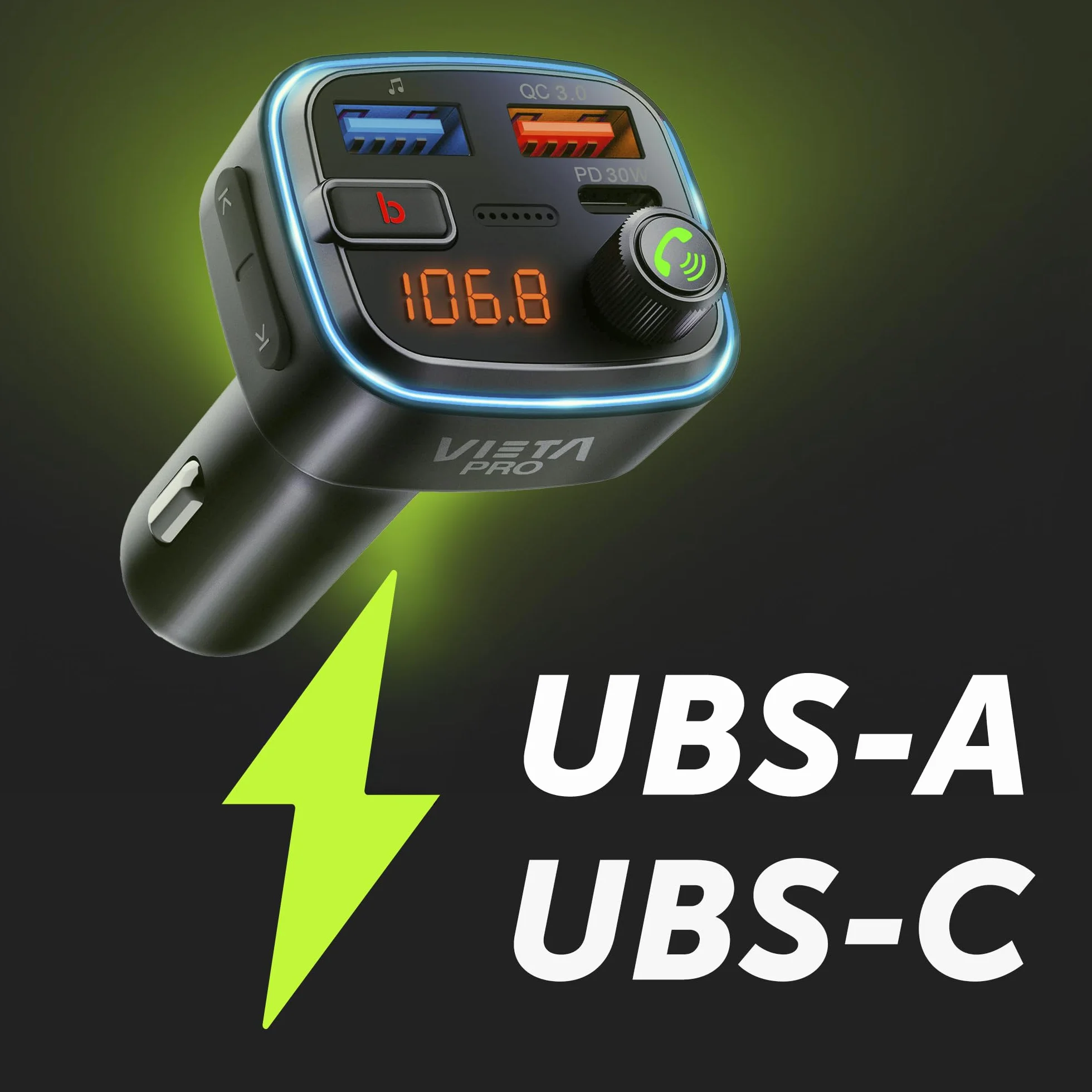 Vieta Pro Transmisor FM Bluetooth Coche 5.3 Manos Libres Cargador Coche QC3.0 USB-C Reproductor MP3
