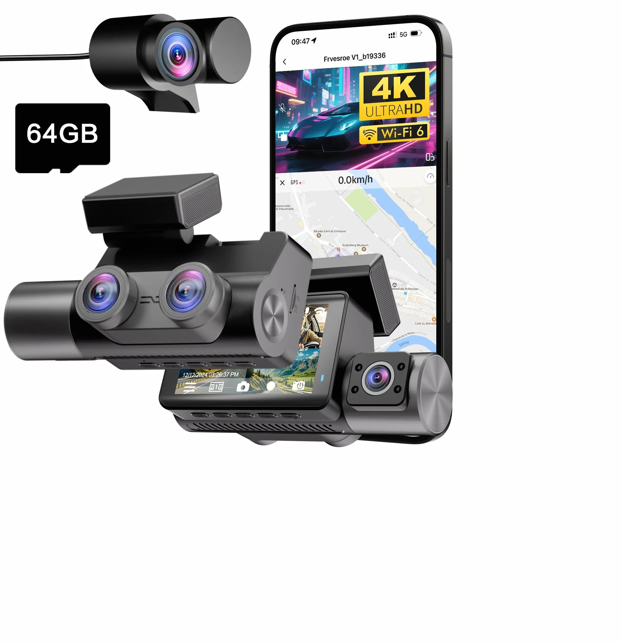 Dashcam 4K 3 Canales para Coche, Cámara Coche Interior y Trasera con GPS WiFi 6, Vigilancia 24H Parking, Visión Nocturna HDR, Dash CAM Coche con Tarjeta 64GB Gratis (V1)