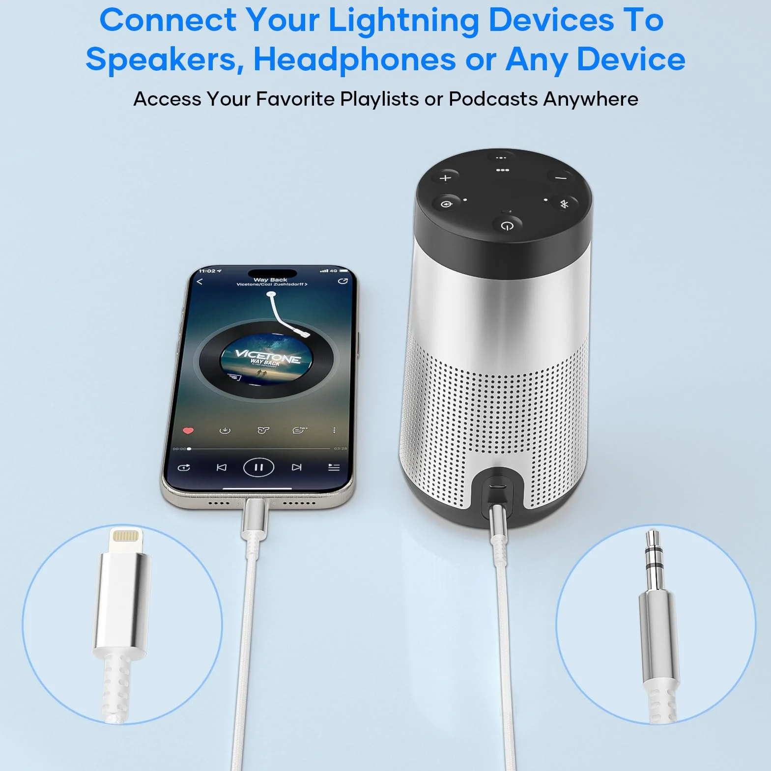 Cable Auxiliar Coche i Phone 1,2M [MFi Certificado] Cable Aux i Phone Light-ning to Jack 3.5 mm Audio HiFi Compatible con iPhone 14/13/12/11/X/8 para Autorradio/Auriculares/Altavoces, Plata