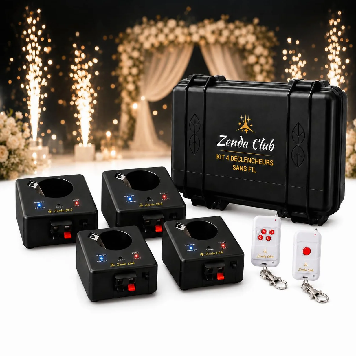 Zenda Club Kit de 4 disparadores de nueva generación - Sistema de tiro para chorros de escenario y fuegos de artificio fríos - Encendido remoto inalámbrico - Maleta + 2 mando a distancia - Seguridad