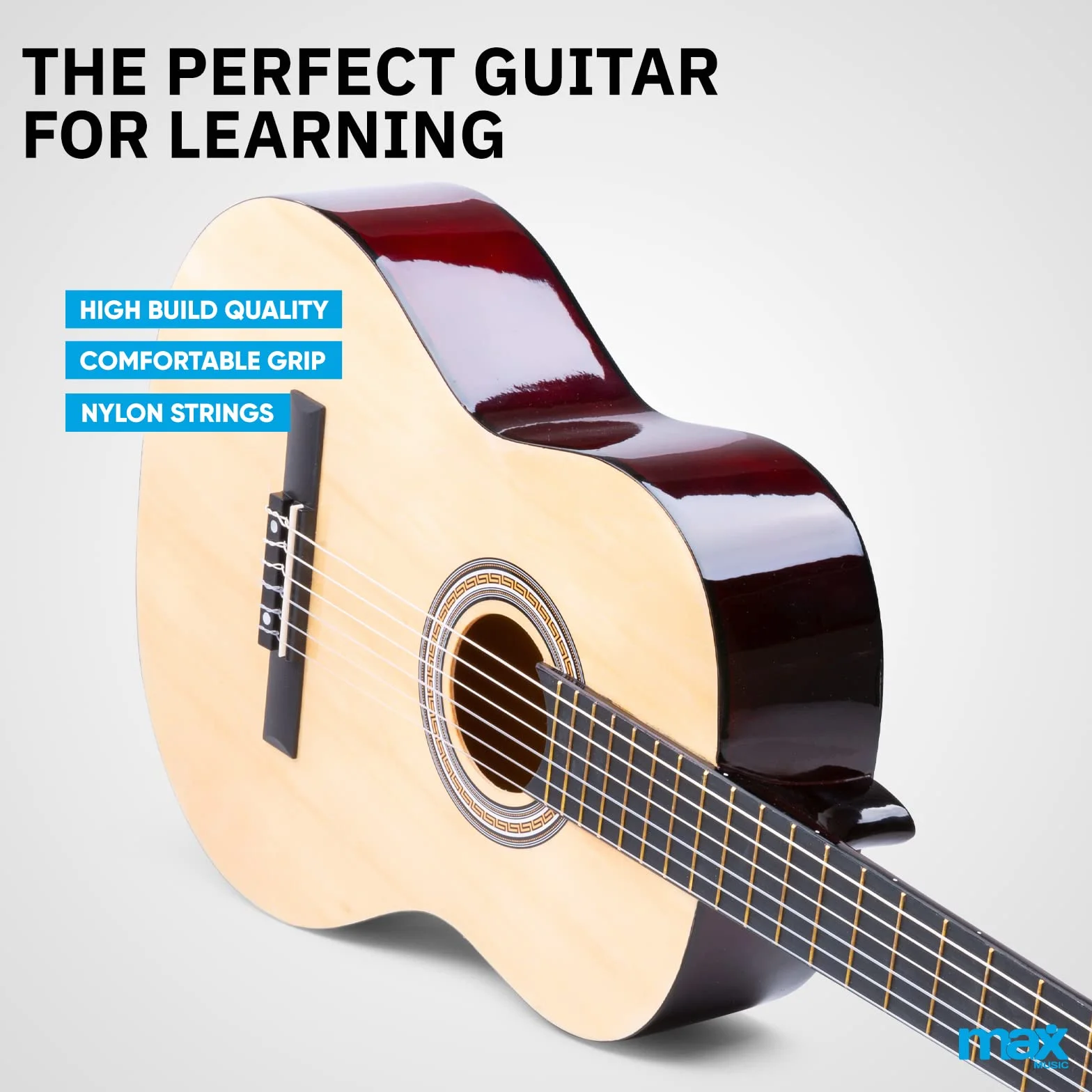 MAX SoloArt Guitarra clasica con cuerdas de nailon para Principiantes Adultos - guitarra flamenca con Funda, Afinador, Púa, Correa y Accesorios - Guitarra Española 4/4 en Madera Natural