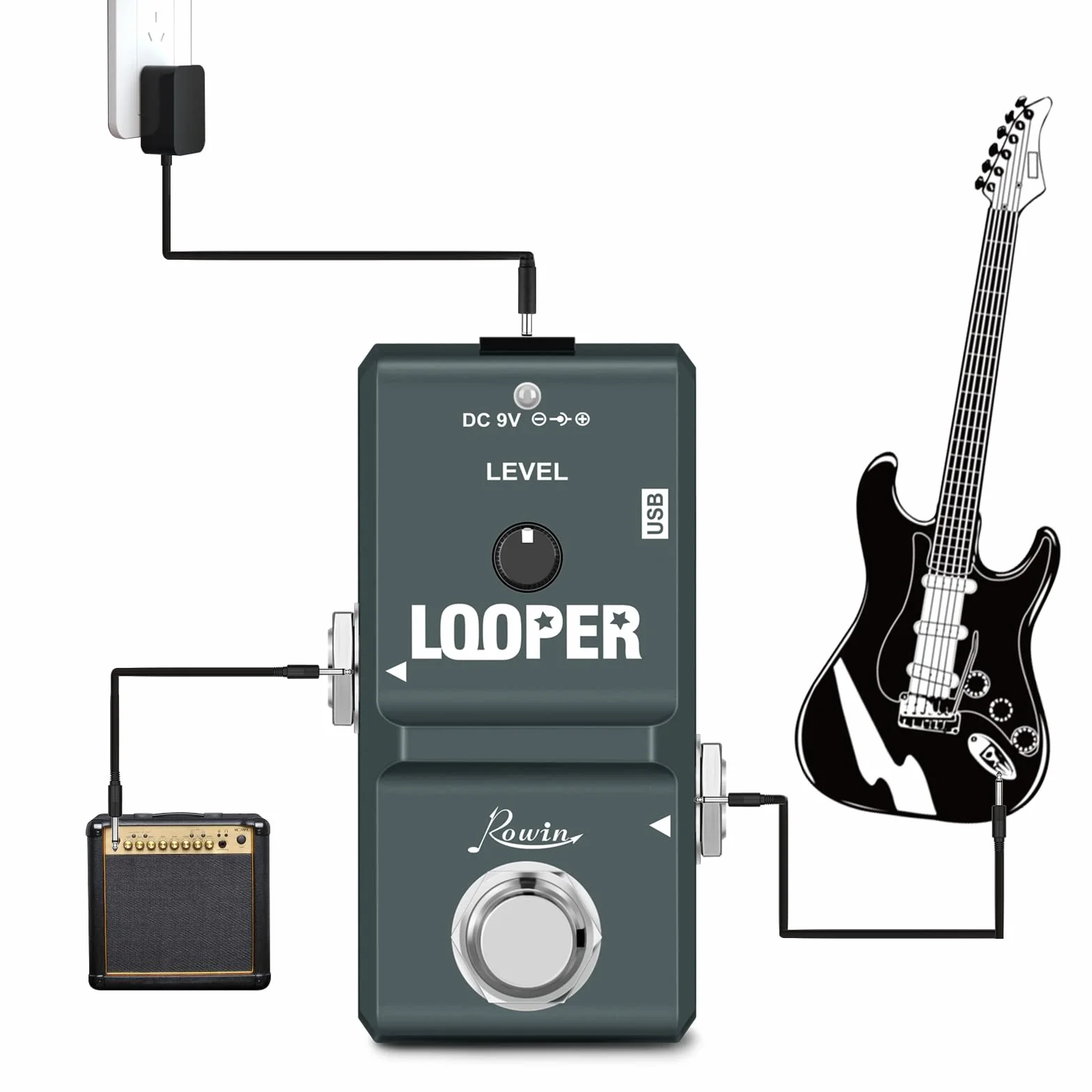 Rowin Tiny Looper - Pedal de guitarra con cable USB, bucle de grabación de 10 minutos Staion Unlimited Overdubs para guitarra eléctrica y bajo (LN-332)