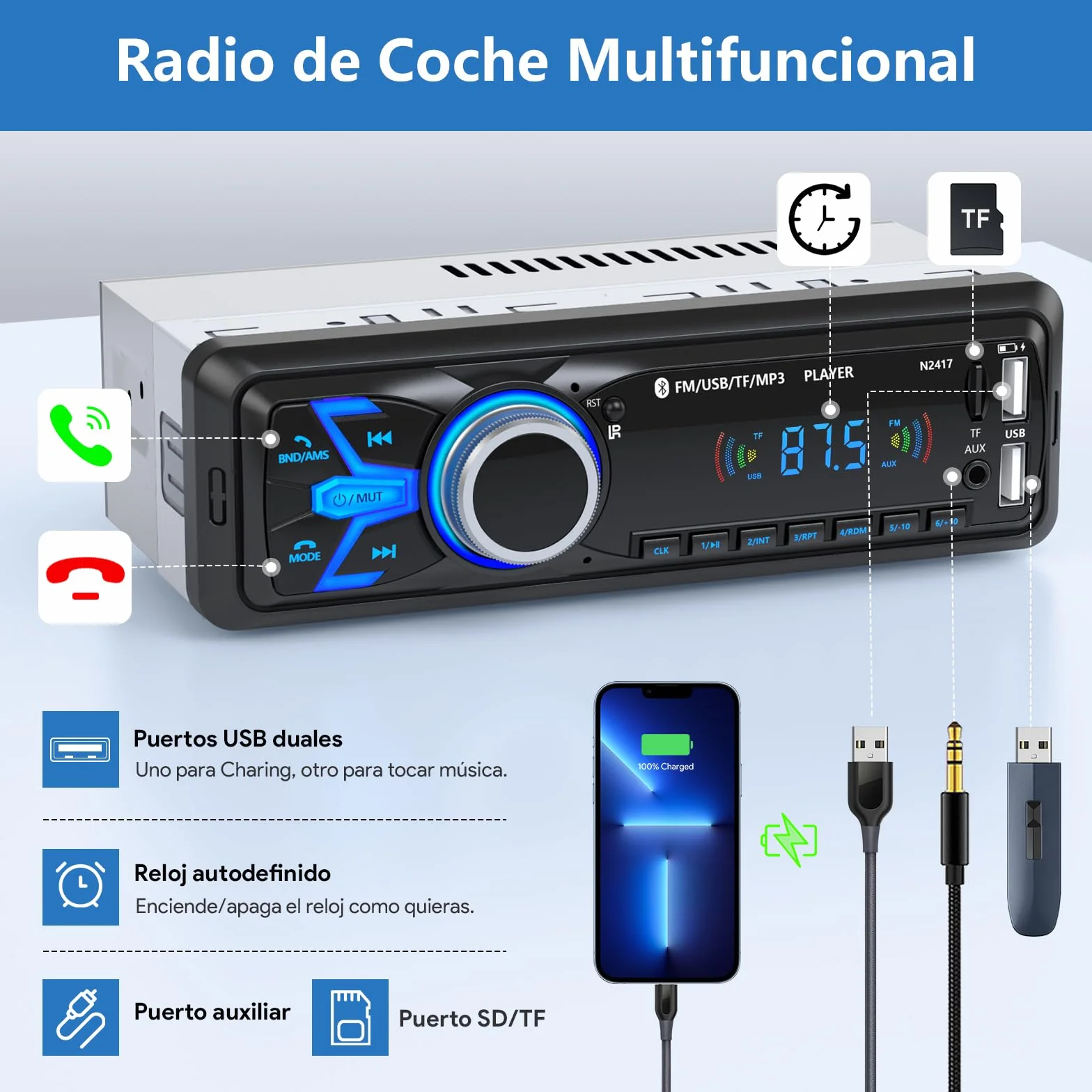 Wistrue Autoradio Bluetooth 5.0 Manos Libres 1 DIN MP3 Player FM Radio con 2USB AUX Control Remoto