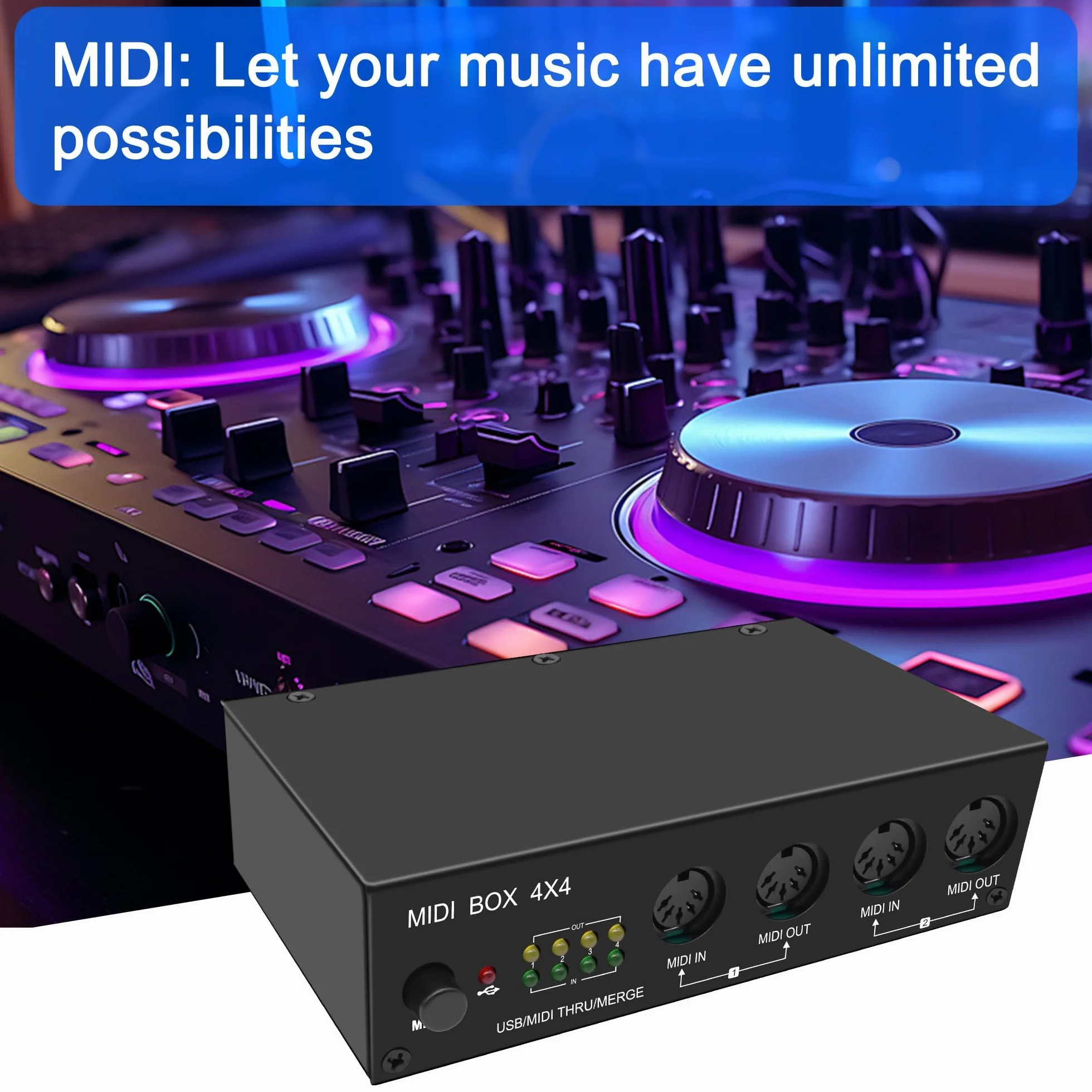 XMSJSIY Caja de interfaz USB MIDI 4 en 4 salidas 64 canales MIDI Thru Box 4 x 4 convertidor con enrutador Merge Splitter Thru Hub con indicadores LED para PC, Mac e instrumentos USB MIDI