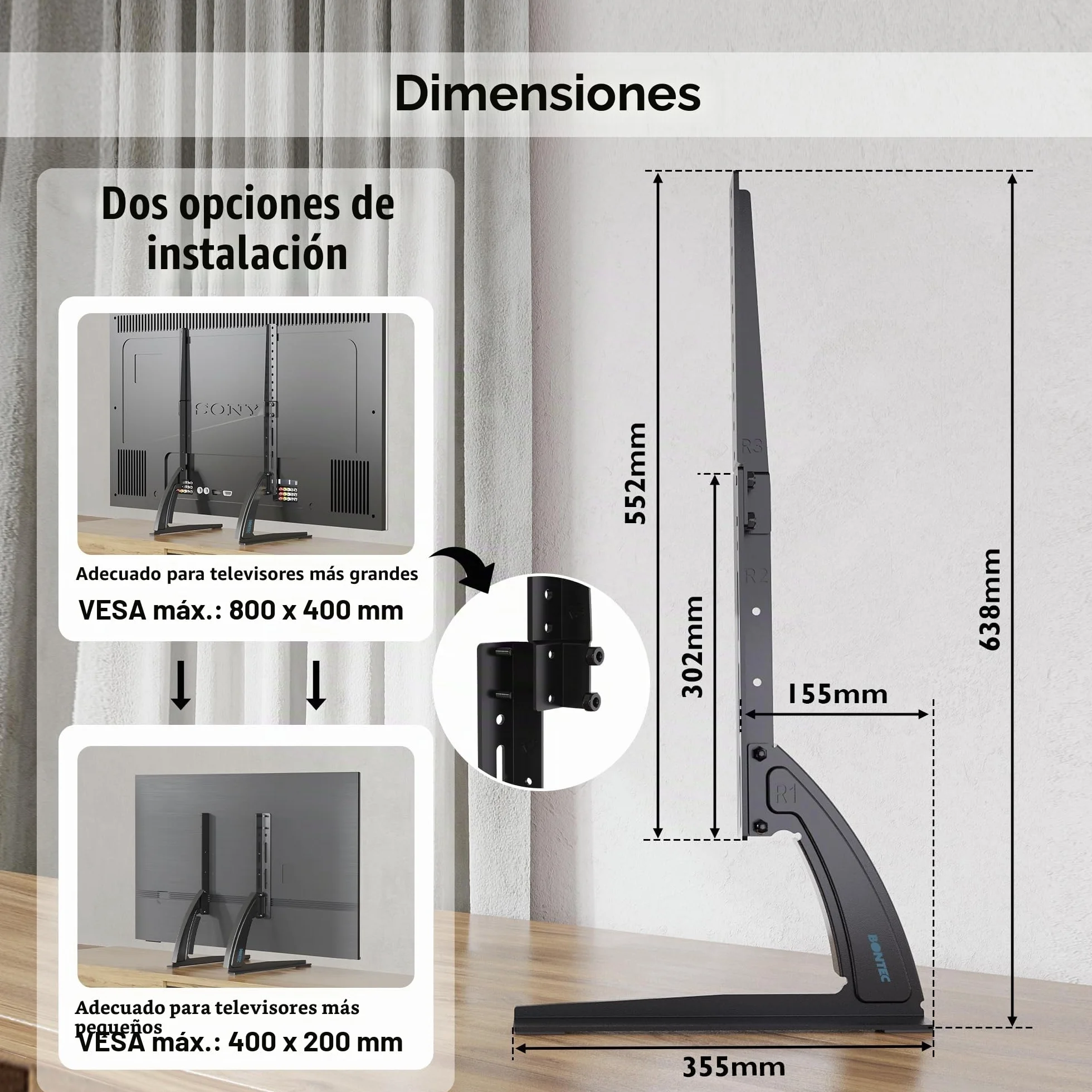 BONTEC Soporte TV Universal Pie 22-65 Pulgadas LED LCD Plasma Curva Ajustable 3 Niveles Altura 50 kg VESA 800x400 mm
