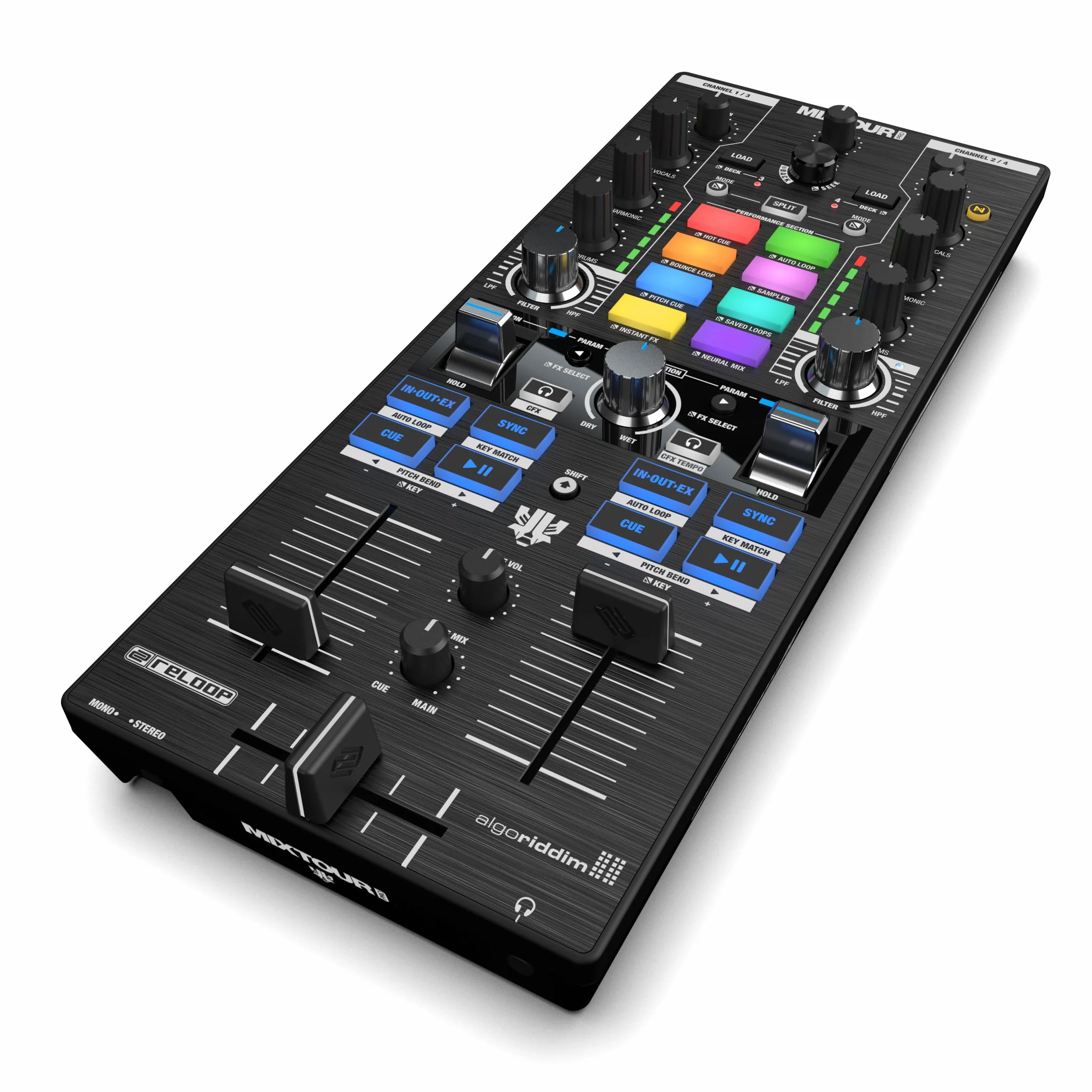 Reloop Mixtour Pro - Controlador de DJ ultraportátil todo en uno de 4 decks para Algoriddim djay Pro