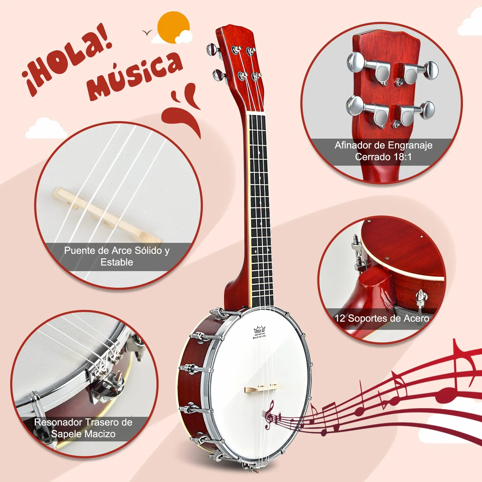 COSTWAY Banjo de 4 Cuerdas, Banjo/Ukelele de Concierto de 62,5 cm con Parte Posterior Sólida y Bolsa de Transporte, Revestimiento Brillante, Kit de Banjo de Viaje para Niños y Adultos