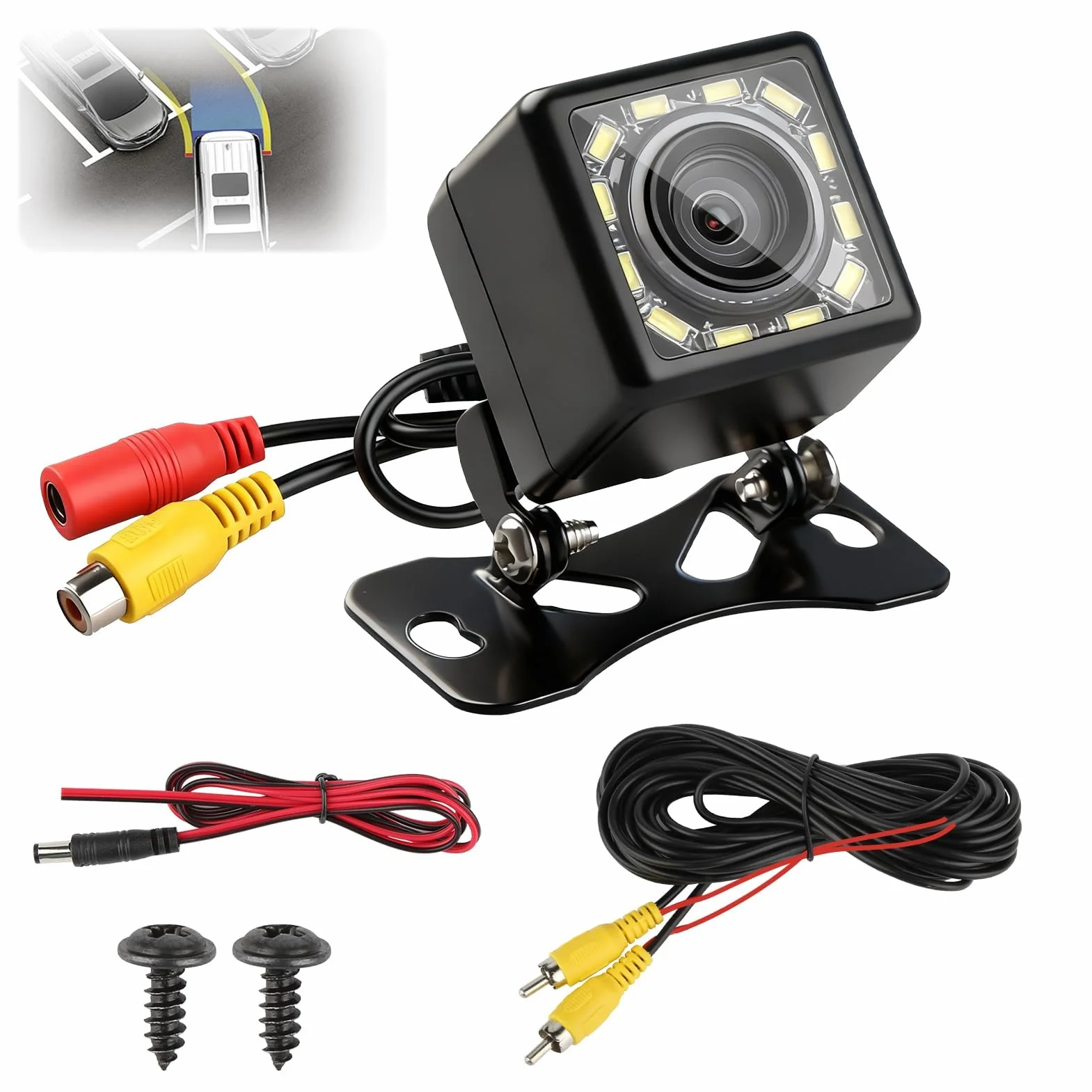 Cámara de Marcha Atrás Coche 1080P Ultra HD, 12 LED Visión Nocturna Súper, IP68 Impermeable 170° Gran Angular, 12V-24V Cámara Trasera Universal para SUV Camiones Automóviles Pickup Furgonetas