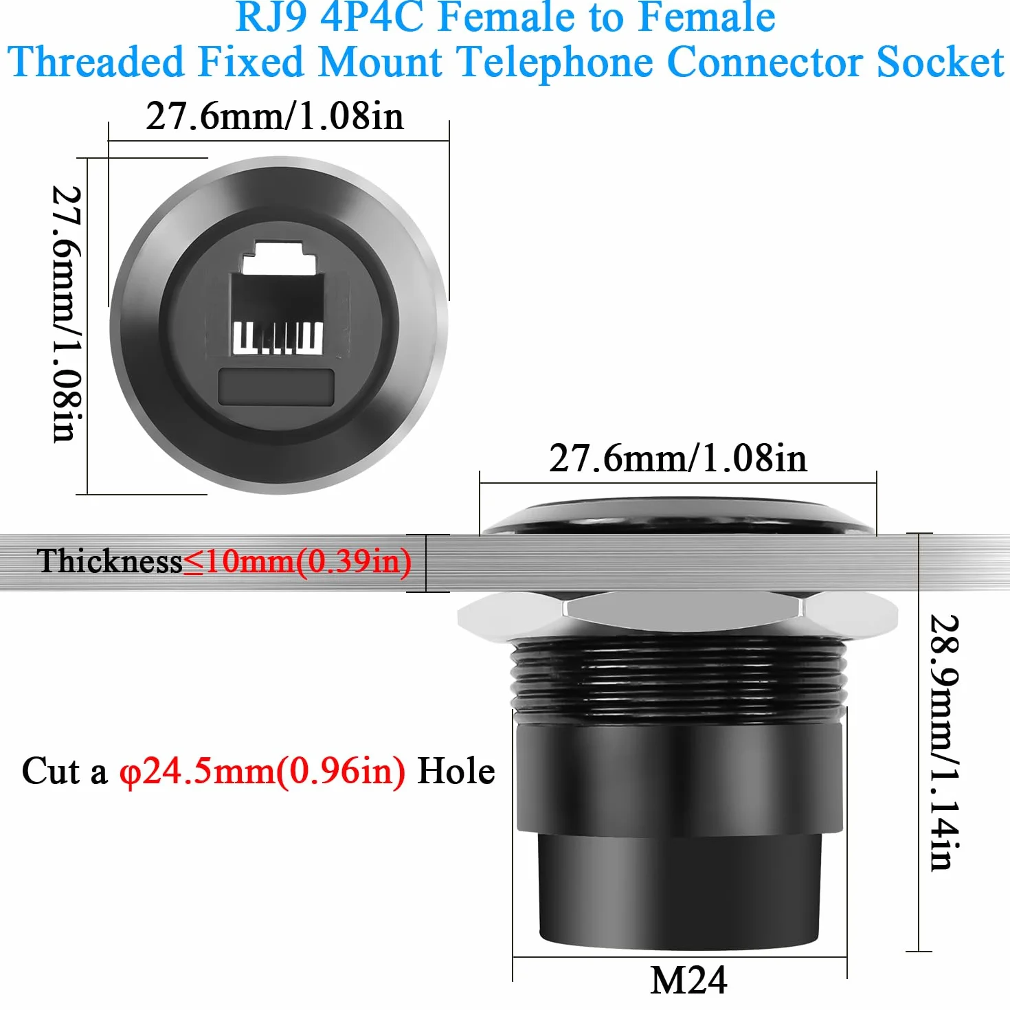 Adaptador RJ9 hembra a hembra 4P4C para cable telefónico montaje fijo Bulkhead Mount conector extensor 7,5 mm estrecho