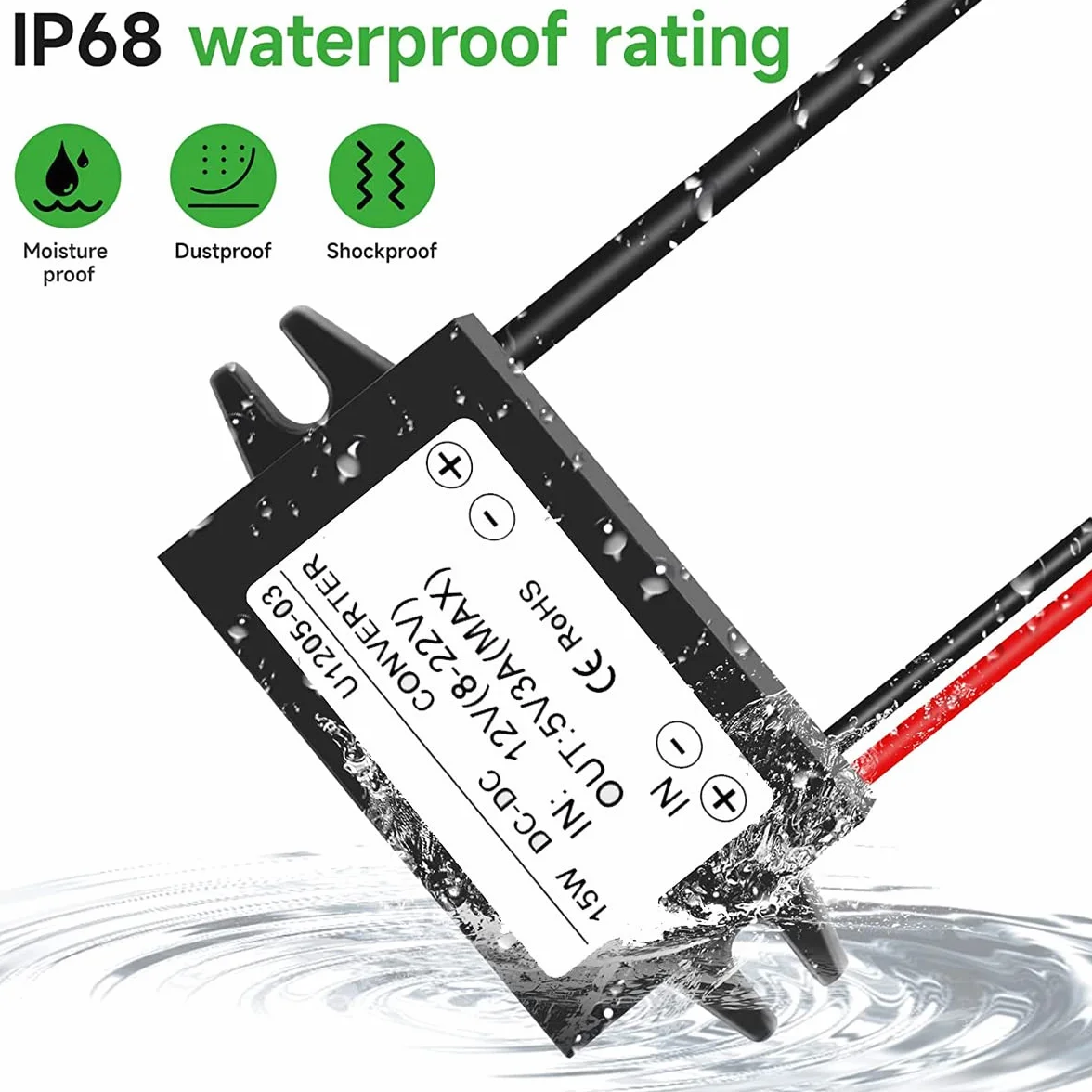 Greluma 1 Pieza Convertidor Impermeable de 12V a 5V 3A, Puertos duales USB/Micro USB DC-DC módulo Reductor Adaptador de Corriente Compatible con Raspberry Pi 4, teléfono móvil, Coche