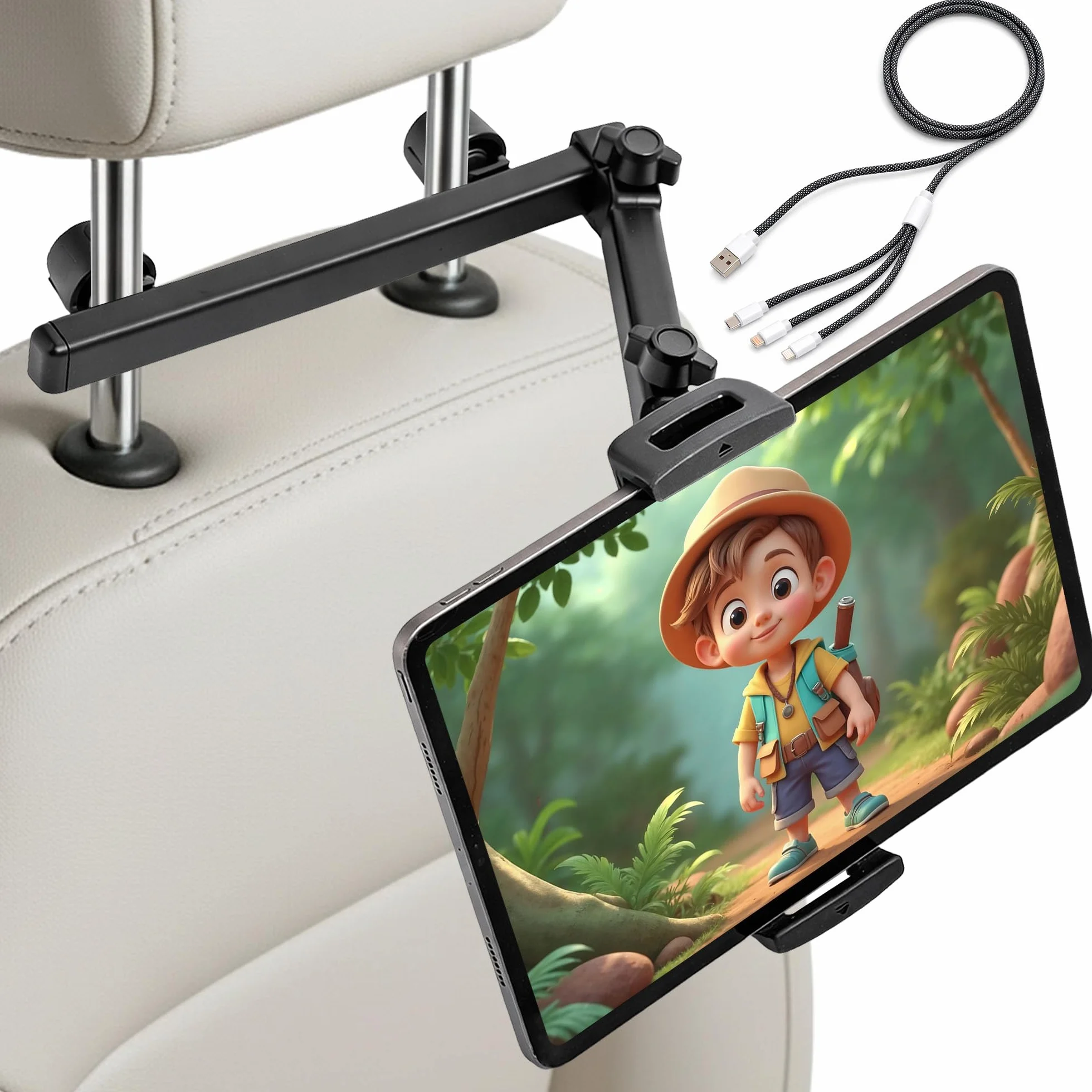 Soporte Tablet Coche Reposacabezas - Soporte iPad para Asiento Trasero - Cable 1,2 m Incluido – Brazo Extensible Antivibración 360º – Compatible 4,7″–13″ (Tablet, iPad, Movil)