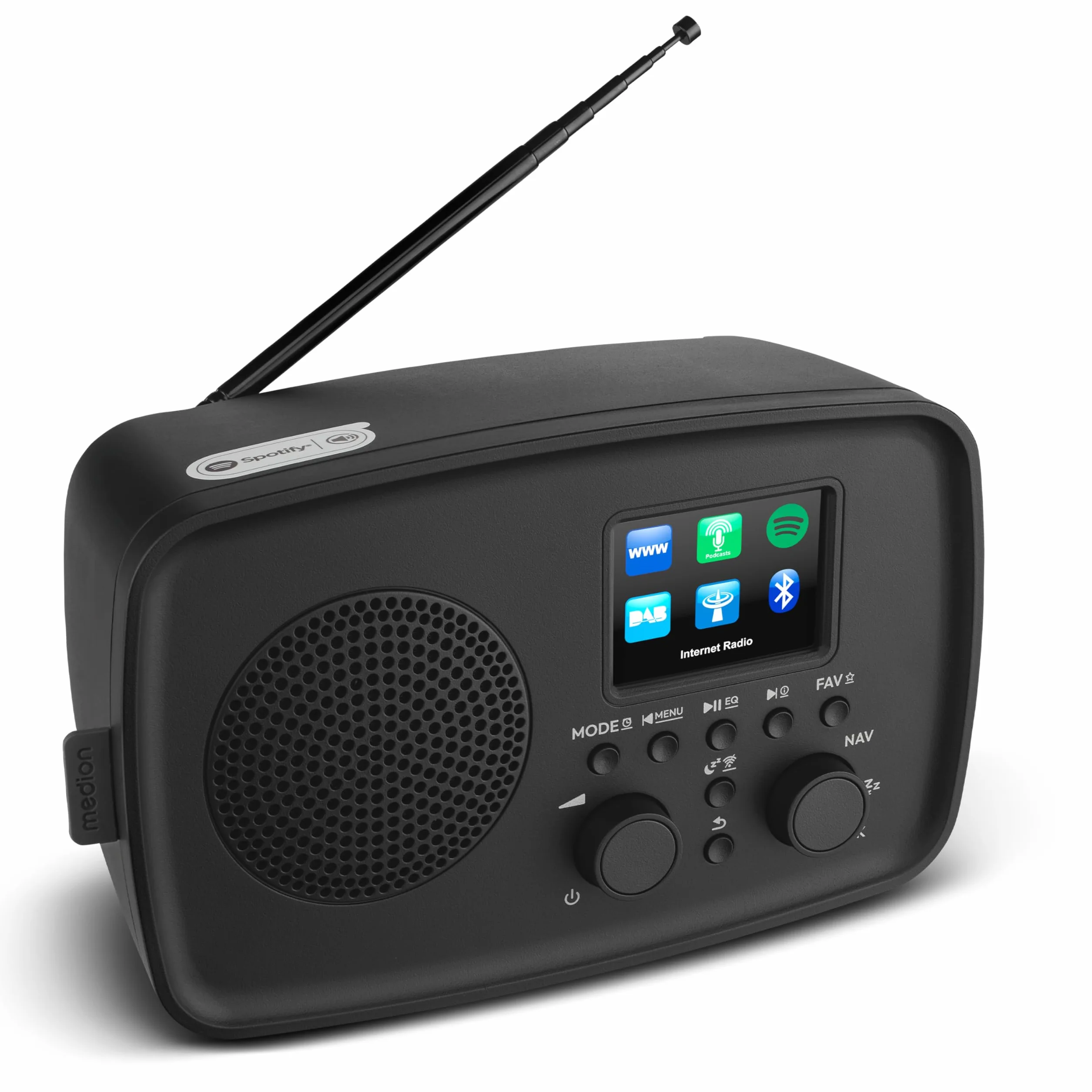 MEDION Radio por Internet con Dab+ IRE-1 (Dab+, Wi-Fi, FM, Bluetooth, protección contra Salpicaduras, Antena telescópica, Spotify Connect, Alarma, dimmer) Negro