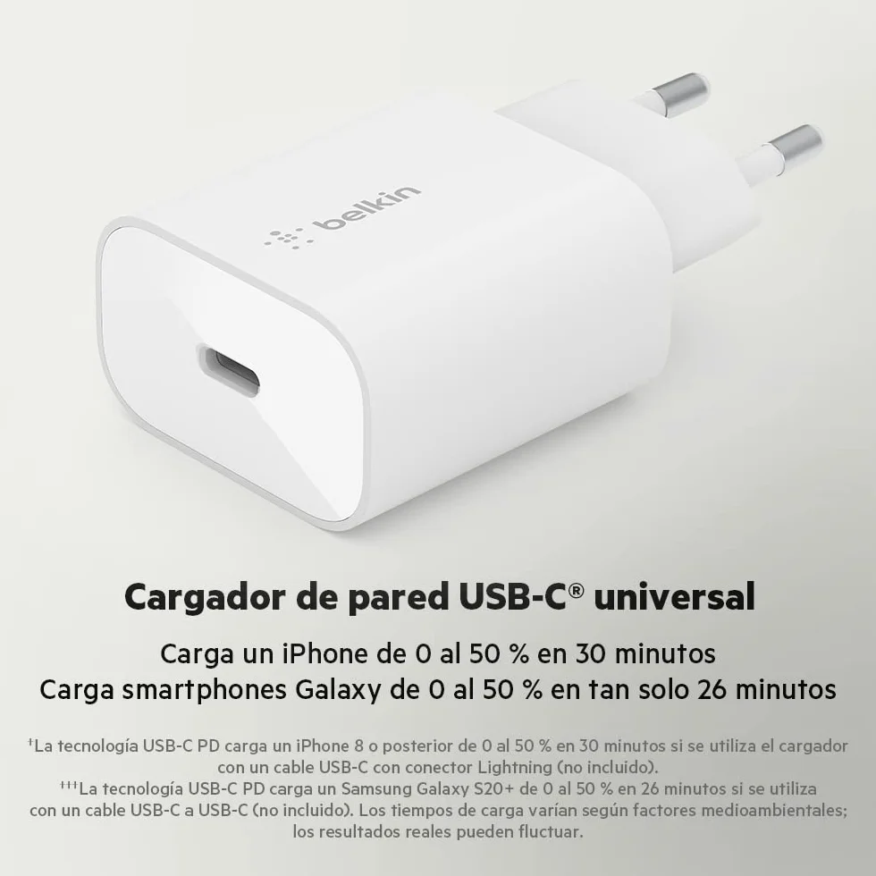 Belkin BoostCharge cargador de pared de 25 W con PPS, cargador USB C, USB-C Power Delivery, carga rápida para iPhone 16, 15, teléfonos de Samsung Galaxy, Galaxy Tab, Note, iPad y Pixel entre otros