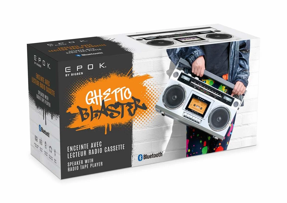BigBen BTBLASTER - Boombox Retro 80's | Reproductor/Grabador de Casetes | Ajuste agudos y graves | Bluetooth 5.3, USB-MP3 y AUX-In | Radio FM, Antena Telescópica | Potencia 15W | Adaptador CA incluido