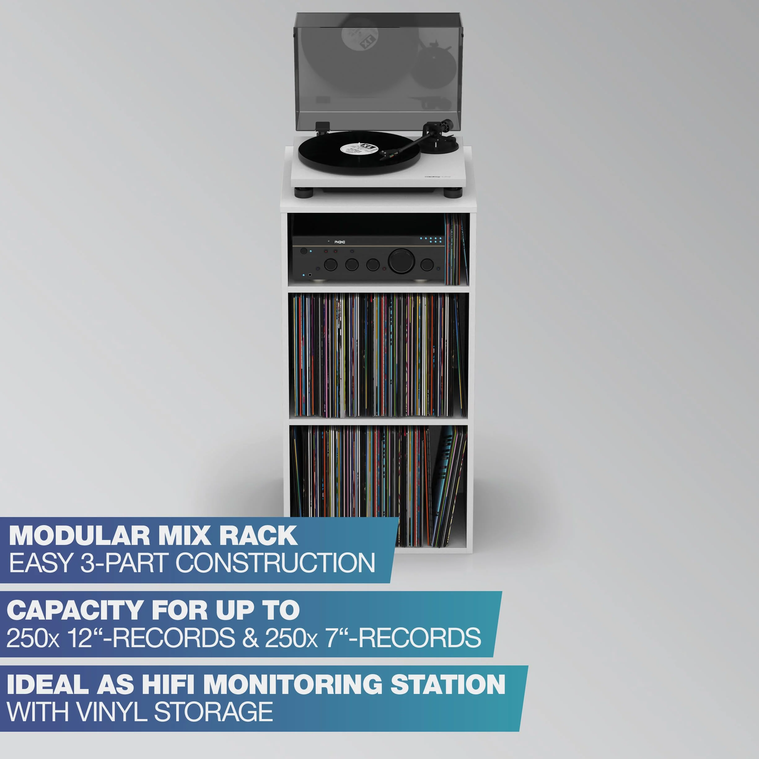 Glorious Modular Mix Rack Blanco - Dos Grandes Compartimentos para Discos de 12'' y un Compartimento para Discos de 7'', El área de Almacenamiento Ofrece Espacio Suficiente para un Tocadiscos