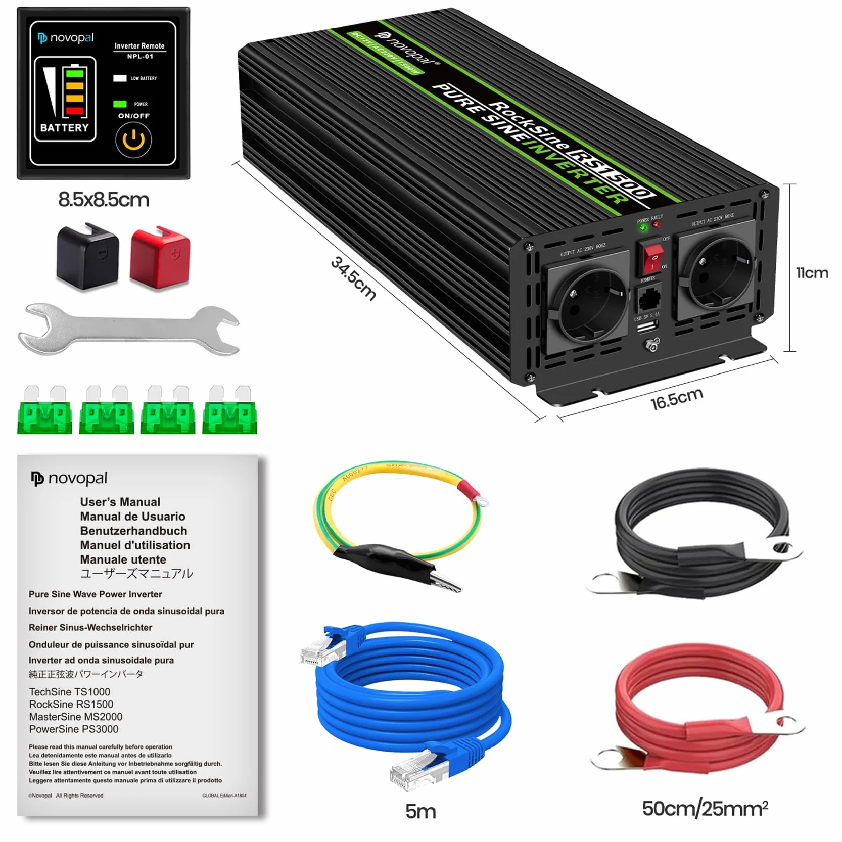 NOVOPAL 1500W Convertidor de Voltaje de Onda Sinusoidal Pura de Coche-Convertidor de Coche 12v a 230v Convertidor - Convertidor de Inversor con 2 Enchufes EU y Puerto USB