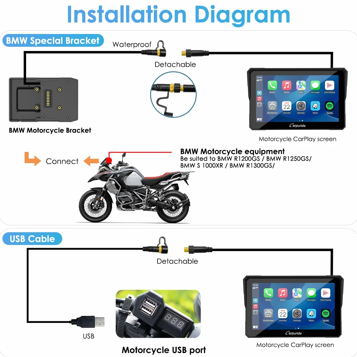 Carpuride W702B Pro Motocicleta Carplay Pantalla, 7" Impermeable Táctil, Inalámbrico CarPlay y Android Auto, Dual Bluetooth, Intercomunicador