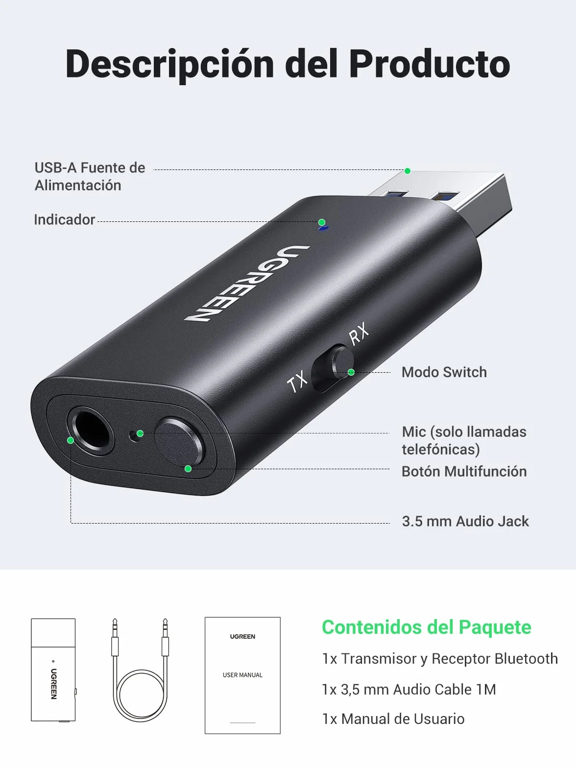 UGREEN Adaptador Jack 3,5 mm Bluetooth 5.4 para TV 2 en 1 Transmisor Receptor Bluetooth con Cable Audio 3,5 mm para TV PC Amplificador Coche Teléfono Altavoces Auriculares Bluetooth