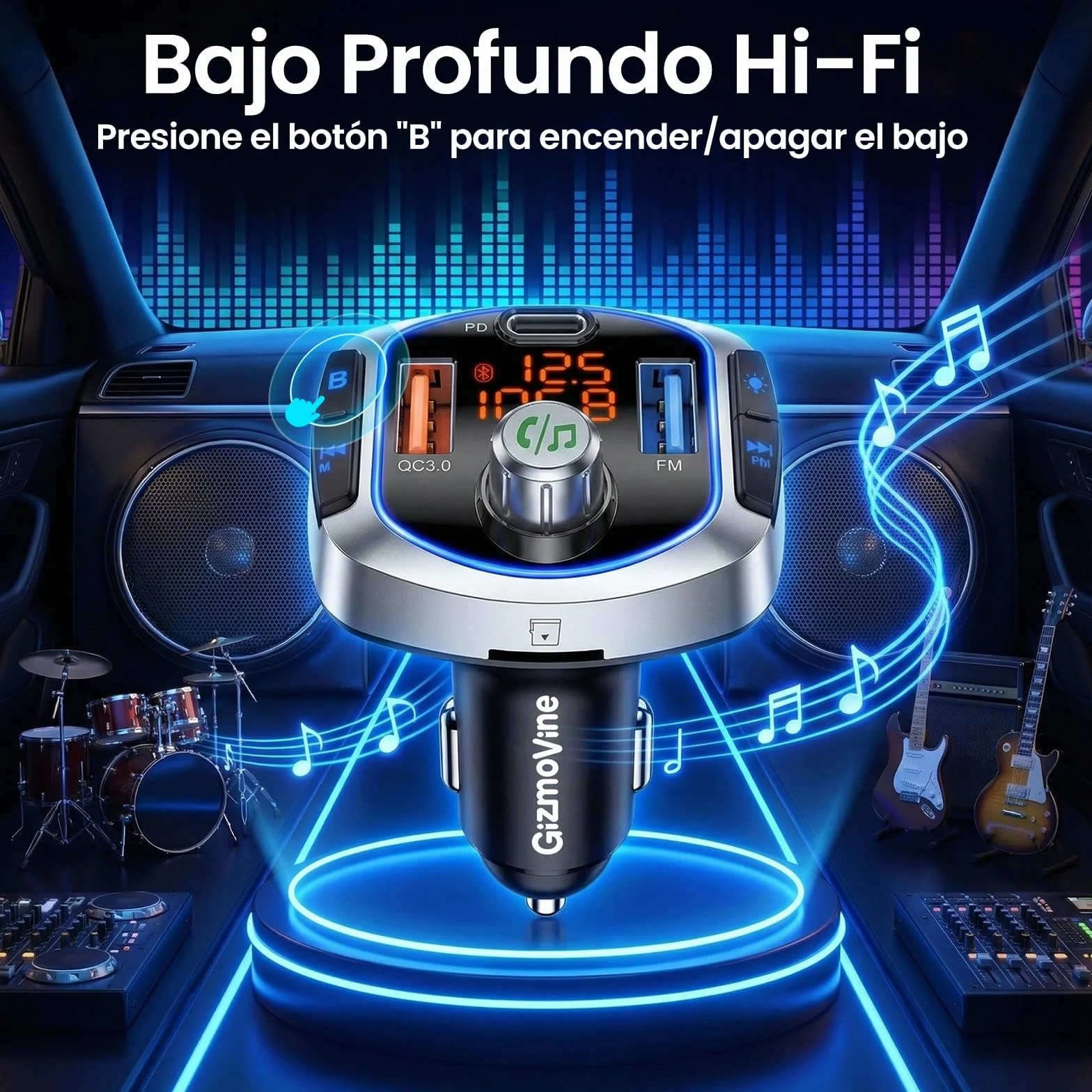 GizmoVine Transmisor FM Bluetooth 5.4 Coche 81W, Adaptador Radio Coche con Carga Rápida Dual PD 45W & QC3.0 36W, Bluetooth Manos Libres con Cancelación de Ruido, Bass Boost, Botón de Apagado y Luz LED