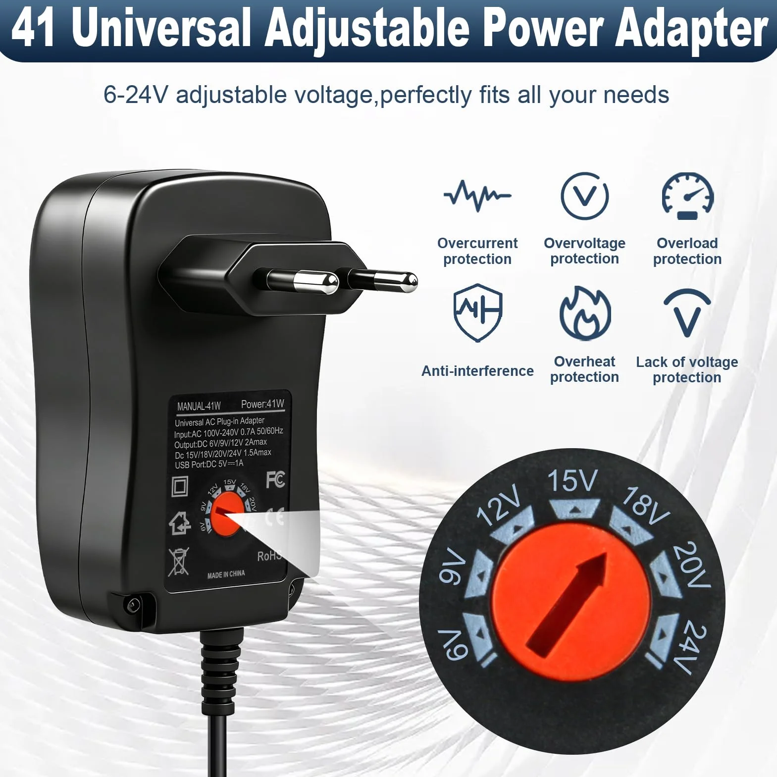 41W Adaptador de Corriente Universal 6V 9V 12V 15V 18V 20V 24V, Cargador Universal con 10 Puntas DC, Fuente de Alimentación Regulable para Router, Monitor LCD, Cámara