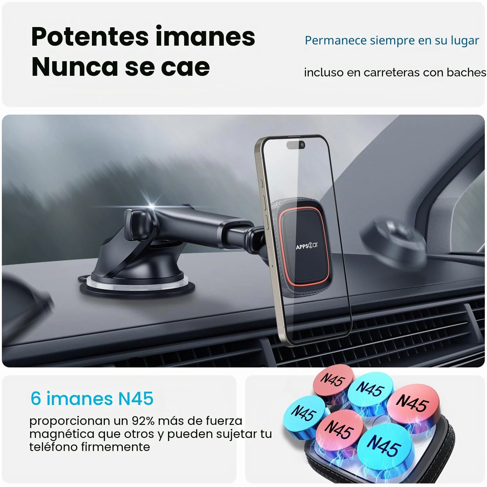 APPS2Car Soporte Magnético Universal para Teléfono Coche, Ventosa Parabrisas Salpicadero Ajustable, 6 Imanes Fuertes