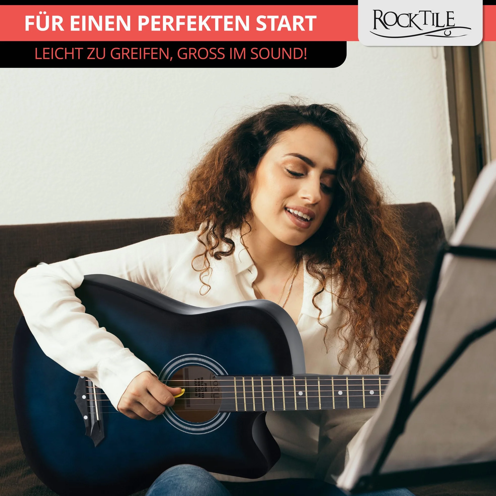 Rocktile WSD-5C-BUB Slim Line Set De Guitarras Western - Guitarra Acústica Dreadnought - Cuerpo De Tilo - Mástil: Catalpa - Set Incluye Funda, Cuerdas De Repuesto, Correa Y Púas - Blueburst