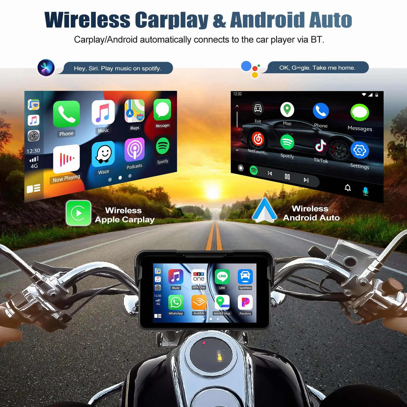 CAMECHO Nuevo 2026 Moto Carplay y Android Auto Wireless para Motocicletas, Pantalla táctil HD Impermeable IP68 de 5 Pulgadas para Motocicletas con navegación/Bluetooth/EQ/detección de presión