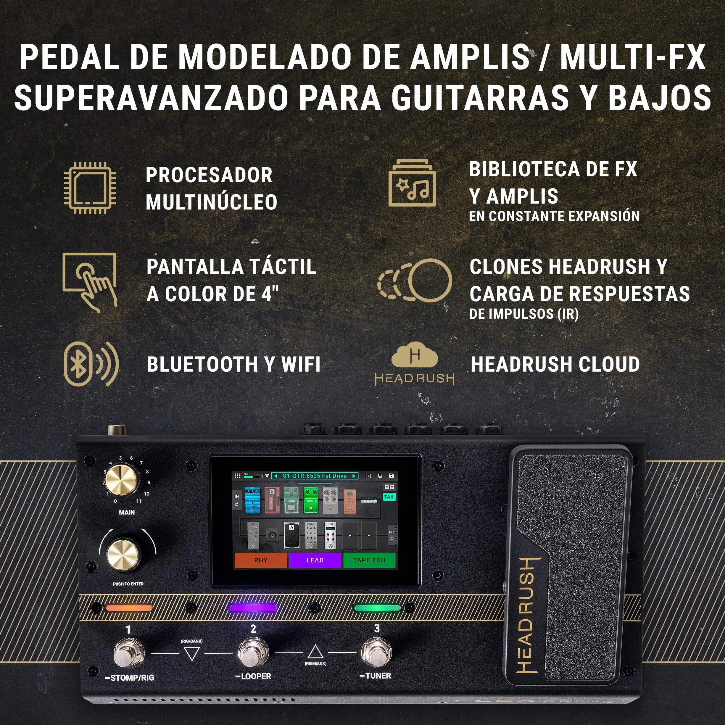 HeadRush Flex Prime - Pedal Multiefectos para Guitarra y Bajo y Procesador de Modelado de Amplis con Pantalla Táctil, Looper, WiFi, Bluetooth y USB