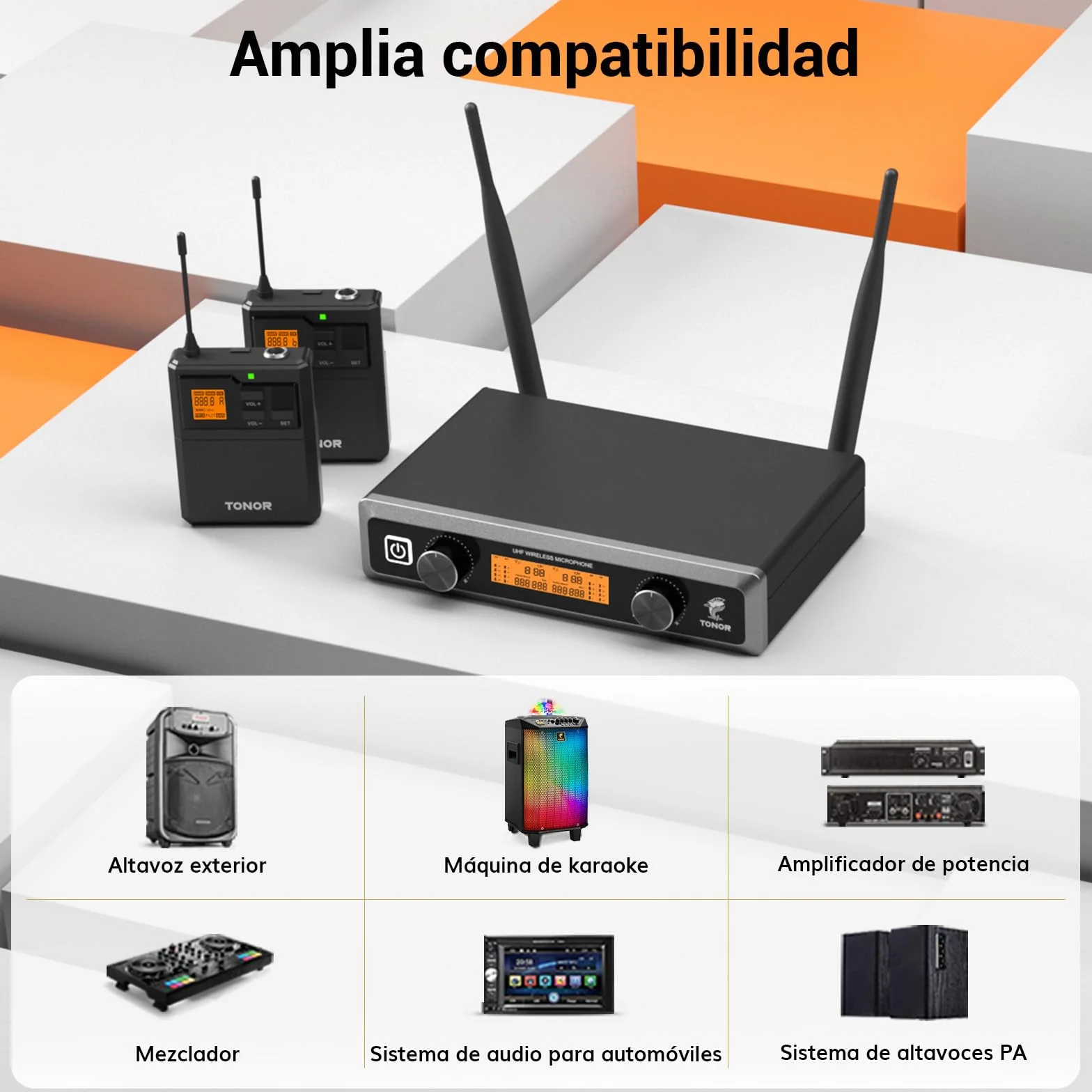 TONOR Sistema de Microfono Inalambrico, con Micrófono Diadema/Lavalier Solapa Bolsillo Mic, Bodypack Transmisorcon, Receiver de Metal, 2x5 Frecuencias UHF, 60M para Cantar Karaoke Lglesia Reunión