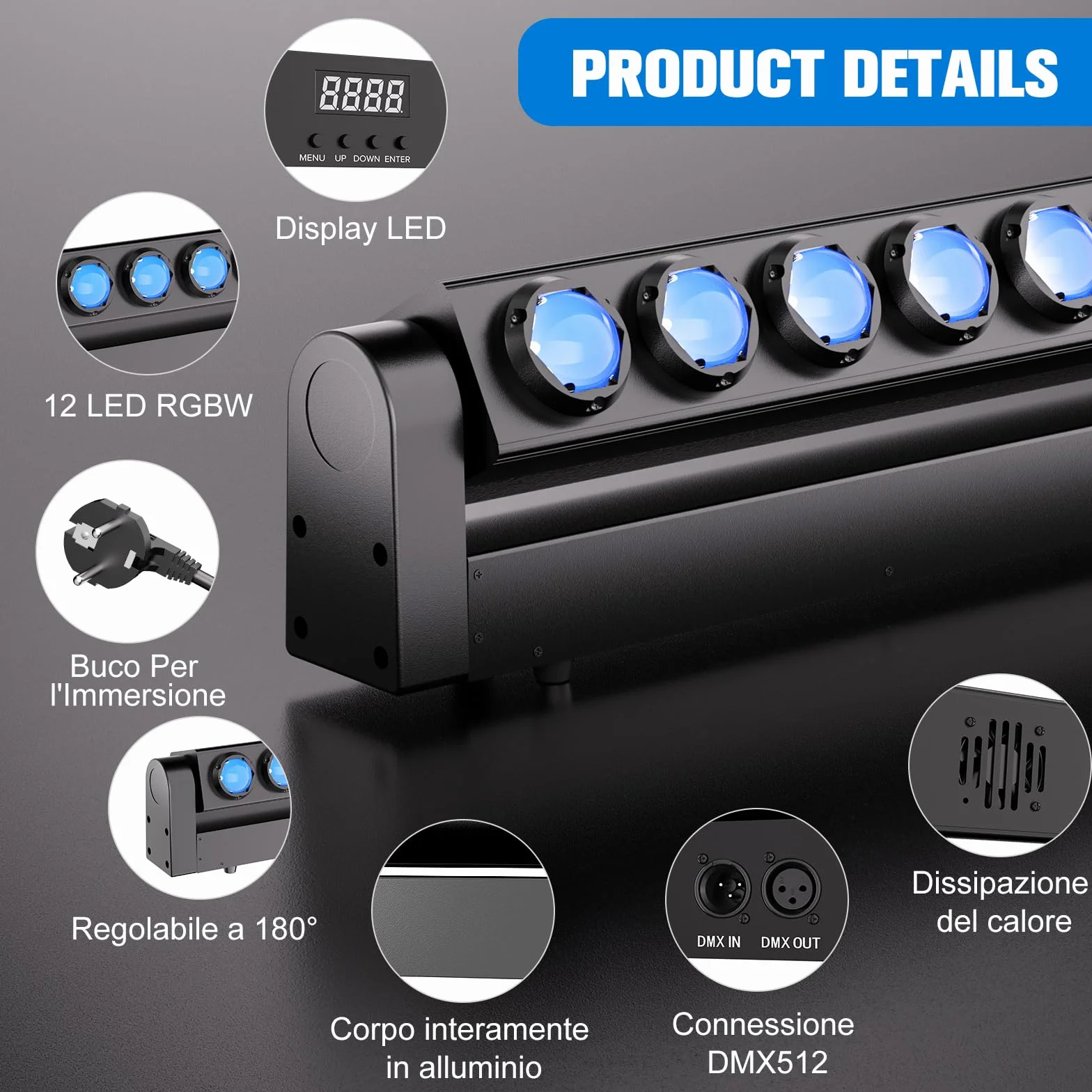 216W Barra de Wallwasher Cabeza Movil LED, 12X15W LED RGBW 4en1, Haz de Luz a 8°, Efecto Stroboscópico 1-30Hz, DMX512 7/11/55CH, Iluminación para Discoteca Fiesta Boda Club y Bar