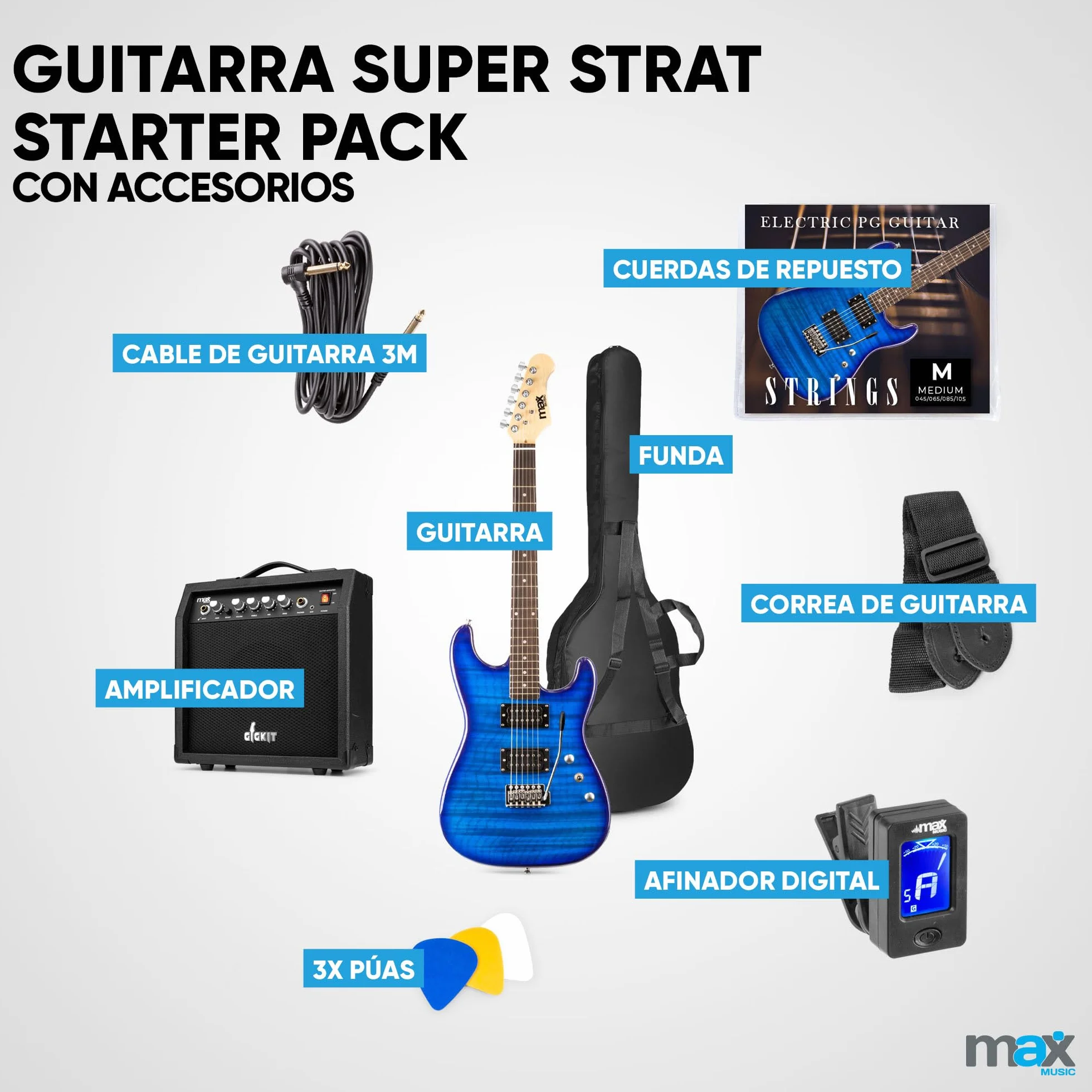 MAX GigKit Pack Guitarra Eléctrica Azul Oscuro Quilted con Amplificador 40W, Afinador, Funda, Correa y Juego de Cuerdas – Set de Iniciación Completo para Principiantes o Regalo Musical Perfecto
