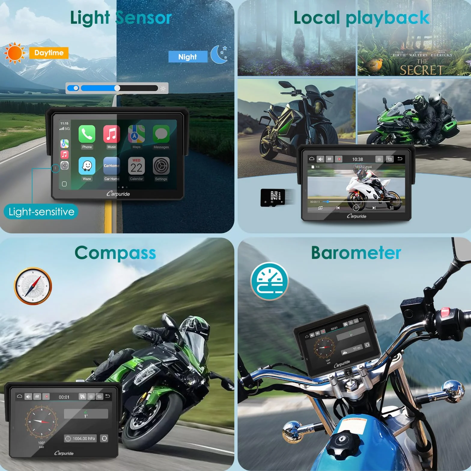 Carpuride W502S Pro GPS Inalámbrico para Motocicleta con Carplay Android Auto Pantalla Táctil Impermeable 5" Soporte BM05 Bluetooth