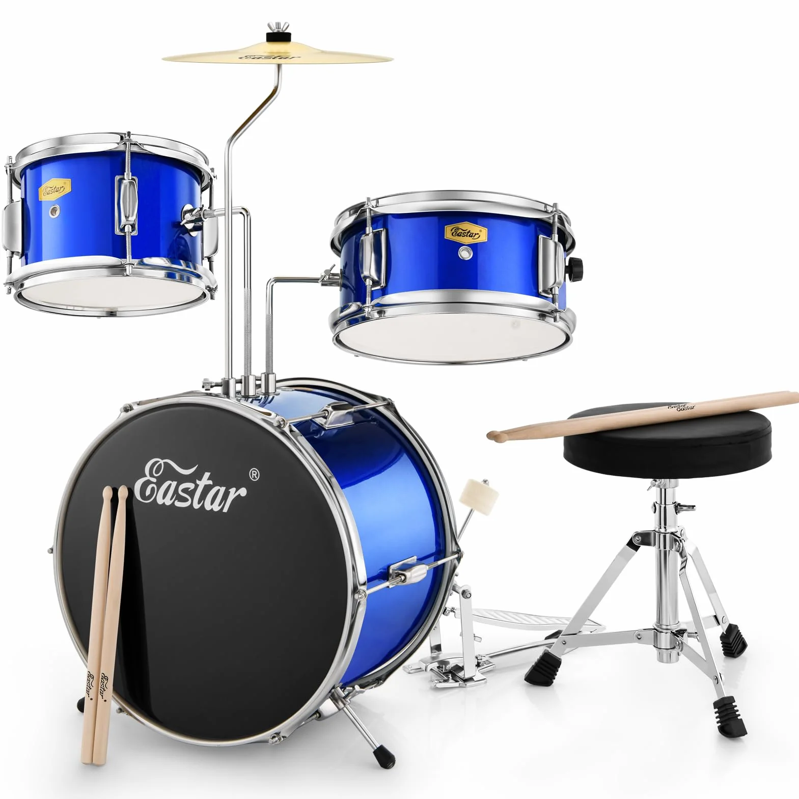 Eastar Batería Junior de 3 Piezas 14 Pulgadas, Juego de Batería para Niños con Trono, Platillo, Pedal y Baquetas, Azul EDS-180Bu