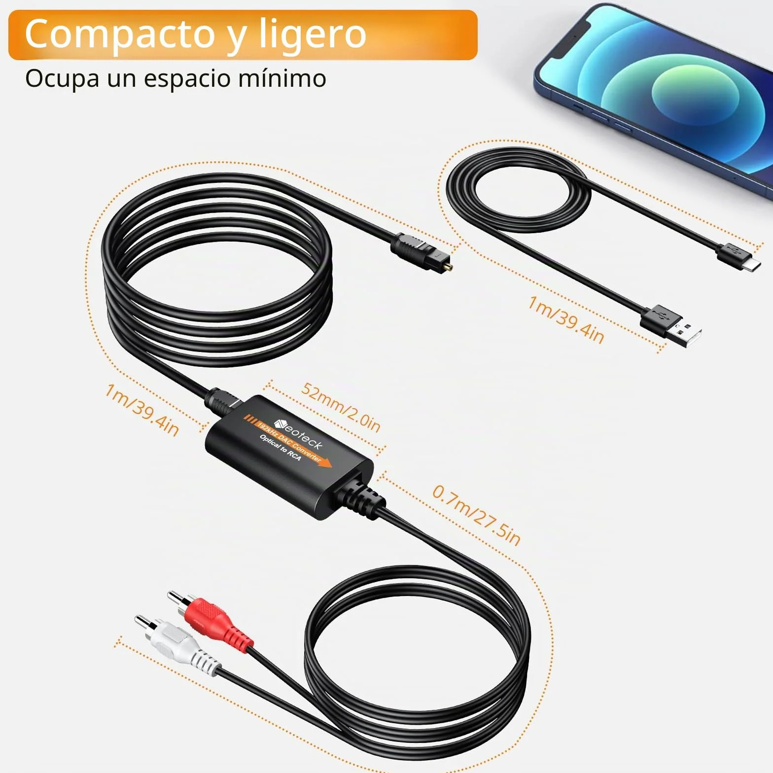 Neoteck 192kHz DAC Convertidor 5.9ft/1.8m Cable Óptico a RCA con Chip Amplificador de Audio SPDIF Toslink a RCA Adaptador para HDTV Set Top Box DVD Reproductor Blu-ray-Salida Macho