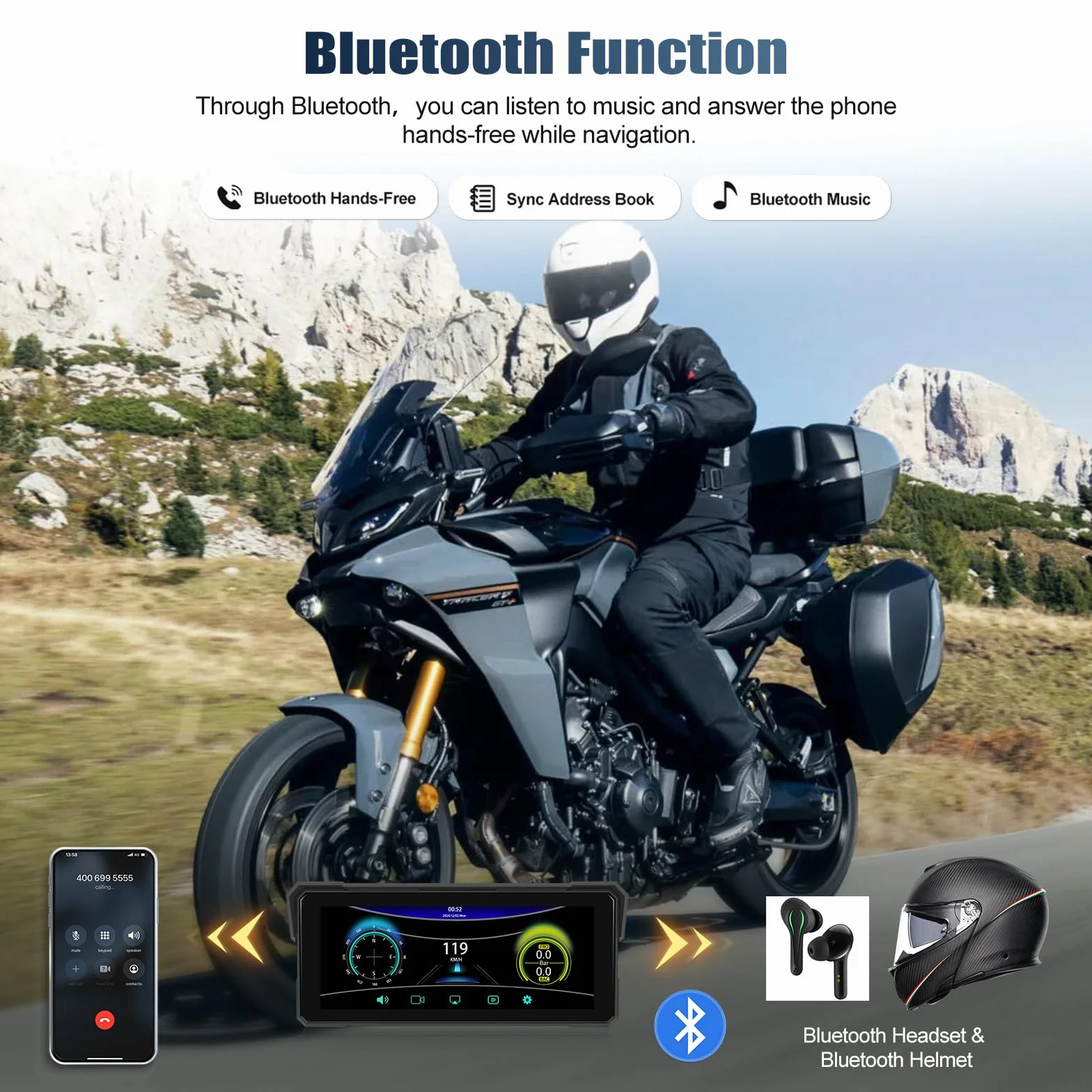 CAMECHO Motorrad CarPlay mit Dual-Kameras, 8.1 zoll HD Touchscreen für Moto mit Wireless CarPlay & Android Auto IPS 68 Bildschirm, Unterstützung Bluetooth, GPS, EQ, Helligkeitseinstellung