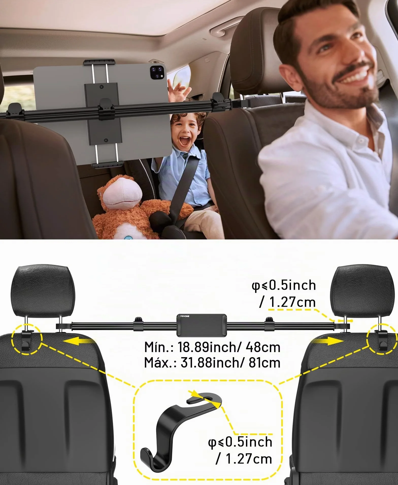 Soporte Tablet Coche Central, Tryone Soporte Universal Ajustable para Tableta automóvil iPad Series/Samsung Galaxy Tabs/Switch Phones, etc. Dispositivos de 4.7-12.9 Pulgadas/con 2 Ganchos