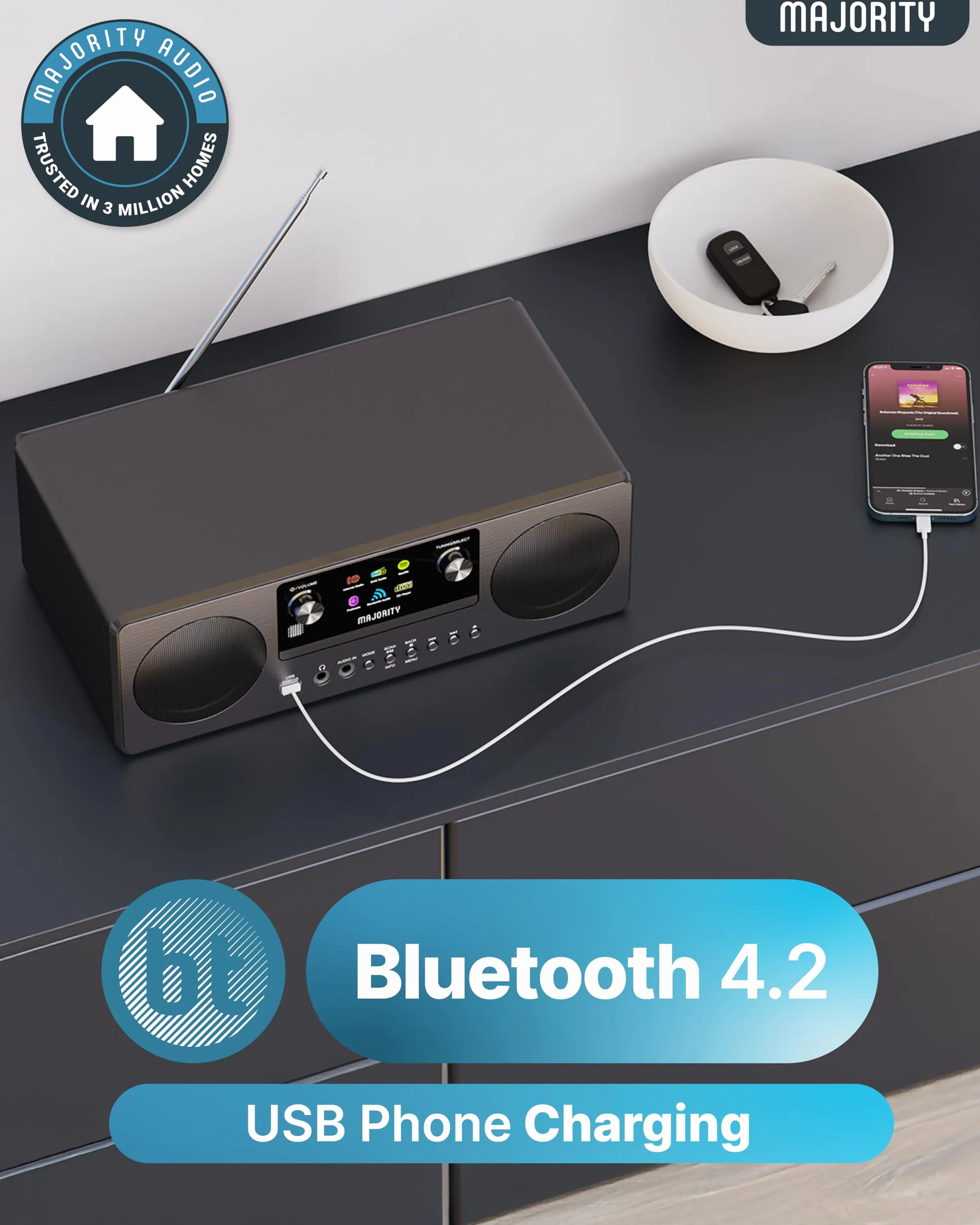 MAJORITY Humboldt Internet Radio Dab+ Reproductor de CD Sistema de Música I Spotify Connect I Bluetooth I Podcasts I Reloj Despertador Dual
