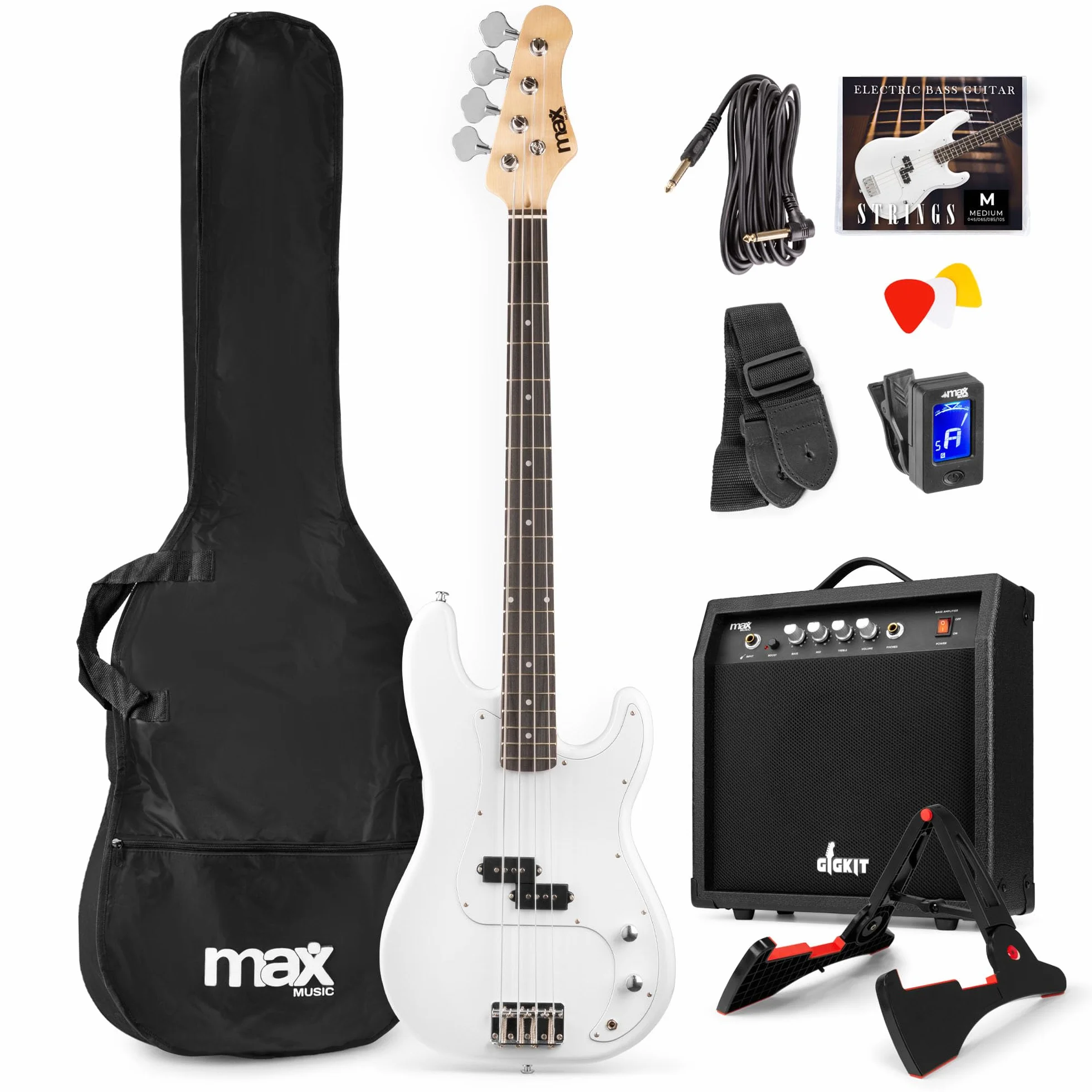 Max GigKit - Pack completo de bajo eléctrico blanco con amplificador de 40W, soporte, funda, afinador, cuerdas y cable, ideal para principiantes y práctica en casa o estudio