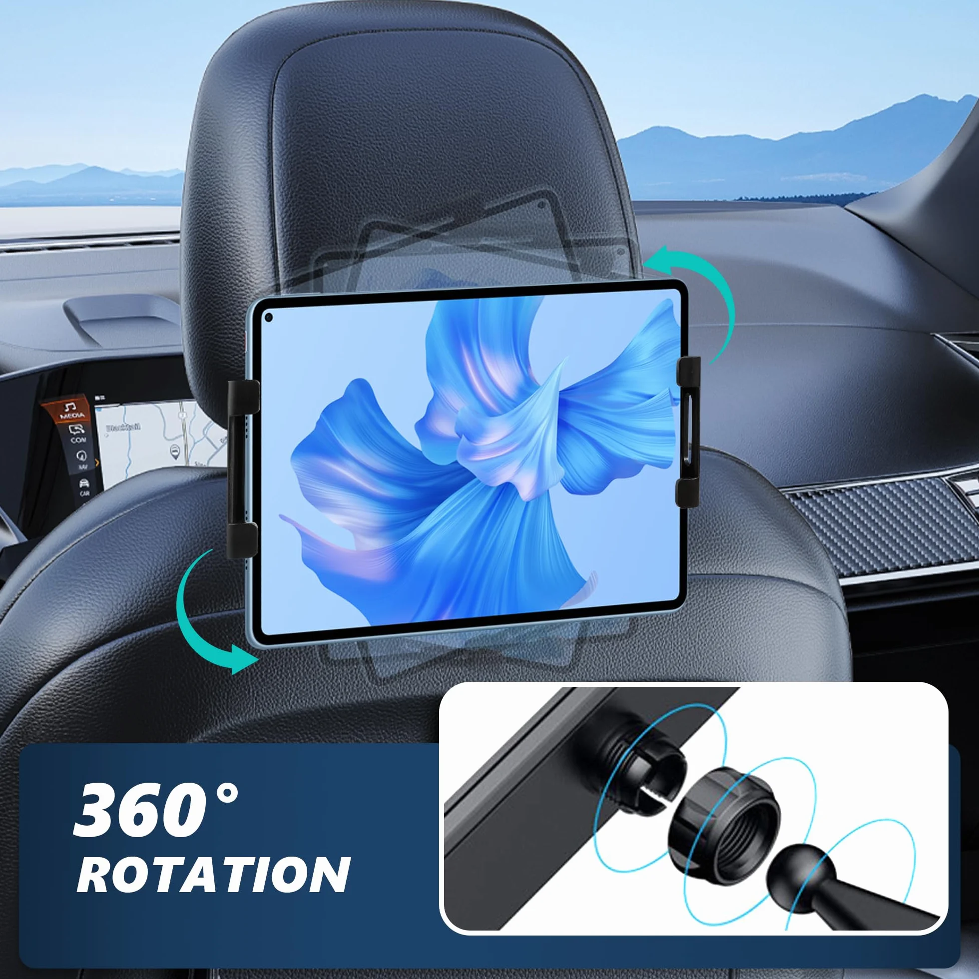 Soporte Tablet Coche, Soporte Reposacabezas Asiento Trasero para automóvil 360°Rotación Soporte de Montaje Extensible Ajustable Diferentes Tamaños para 4-10.6" Pulgada Smartphone