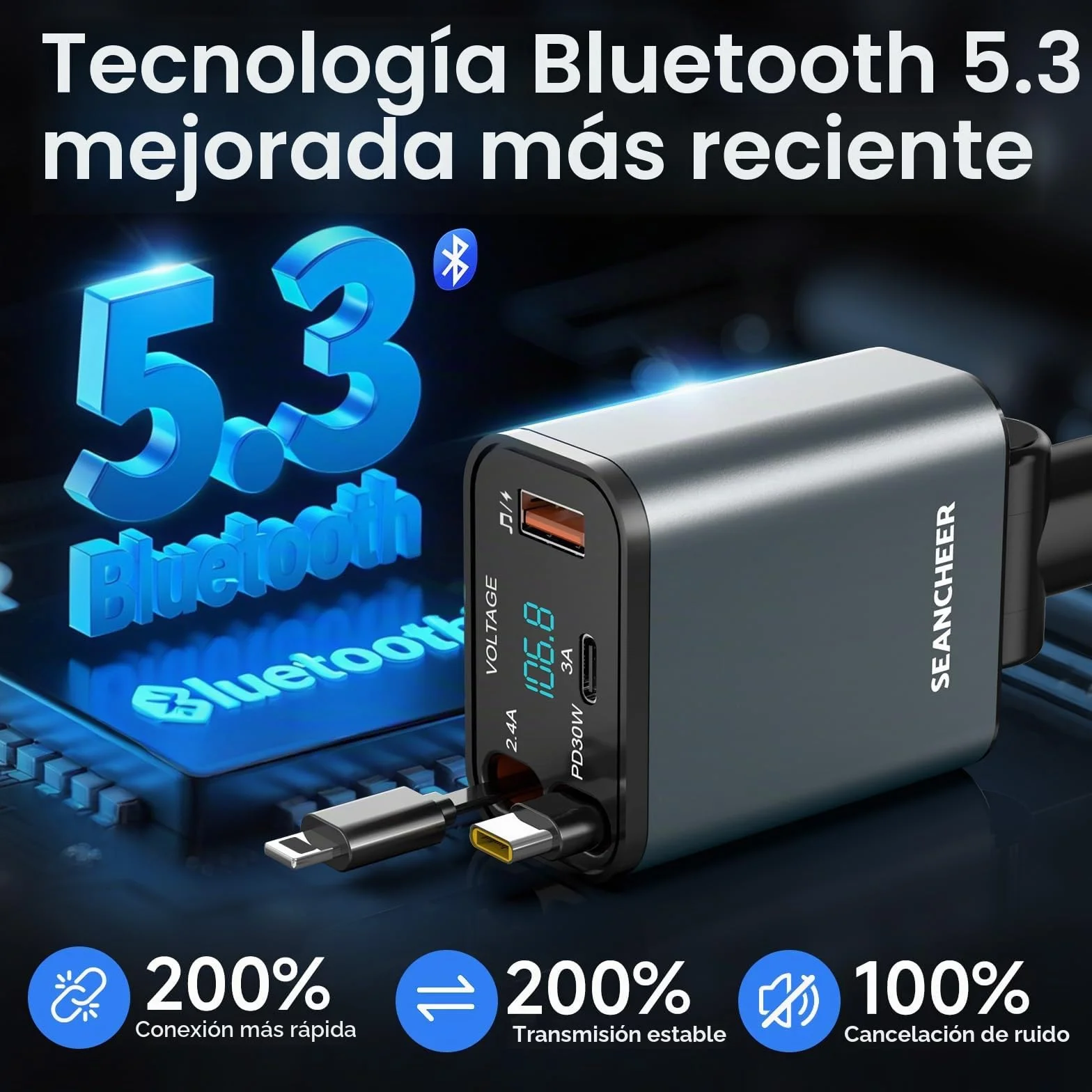 SEANCHEER Cargador Coche USB C Transmisor FM Bluetooth, Cargador Mechero 69W 2 Cables Retráctiles, Bluetooth 5.3, USB Mechero 24V/12V (Gris [C+Lightning])