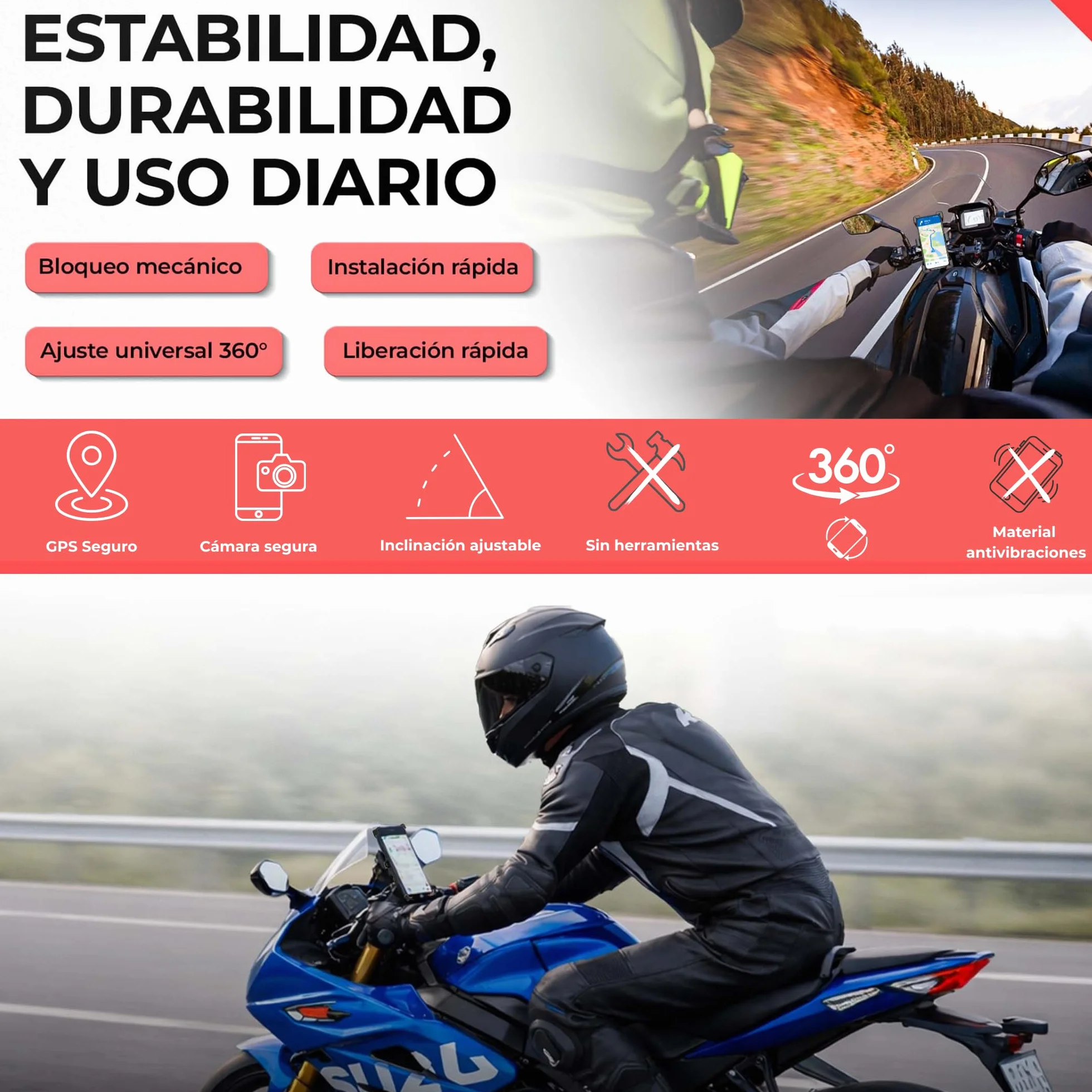 Soporte móvil Moto de Manillar Universal 360º Giro Desmontable 4,5-7" Negro