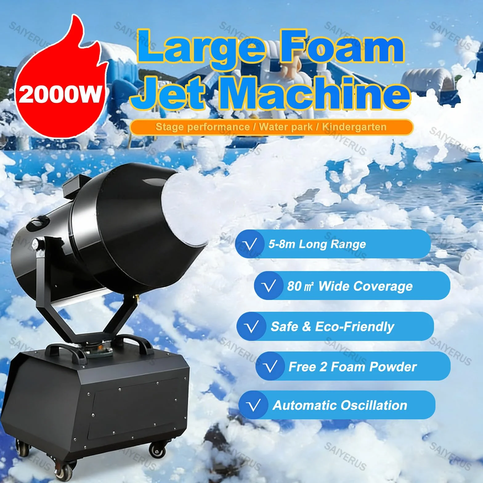 Máquina de Espuma de 2000W, Cañón de Burbujas con Cabezal Giratorio Auto, Alcance de 5-8m y Cobertura de 80m², Ideal para Fiestas Temáticas, Festivales, Conciertos, Bodas, Eventos Escolares