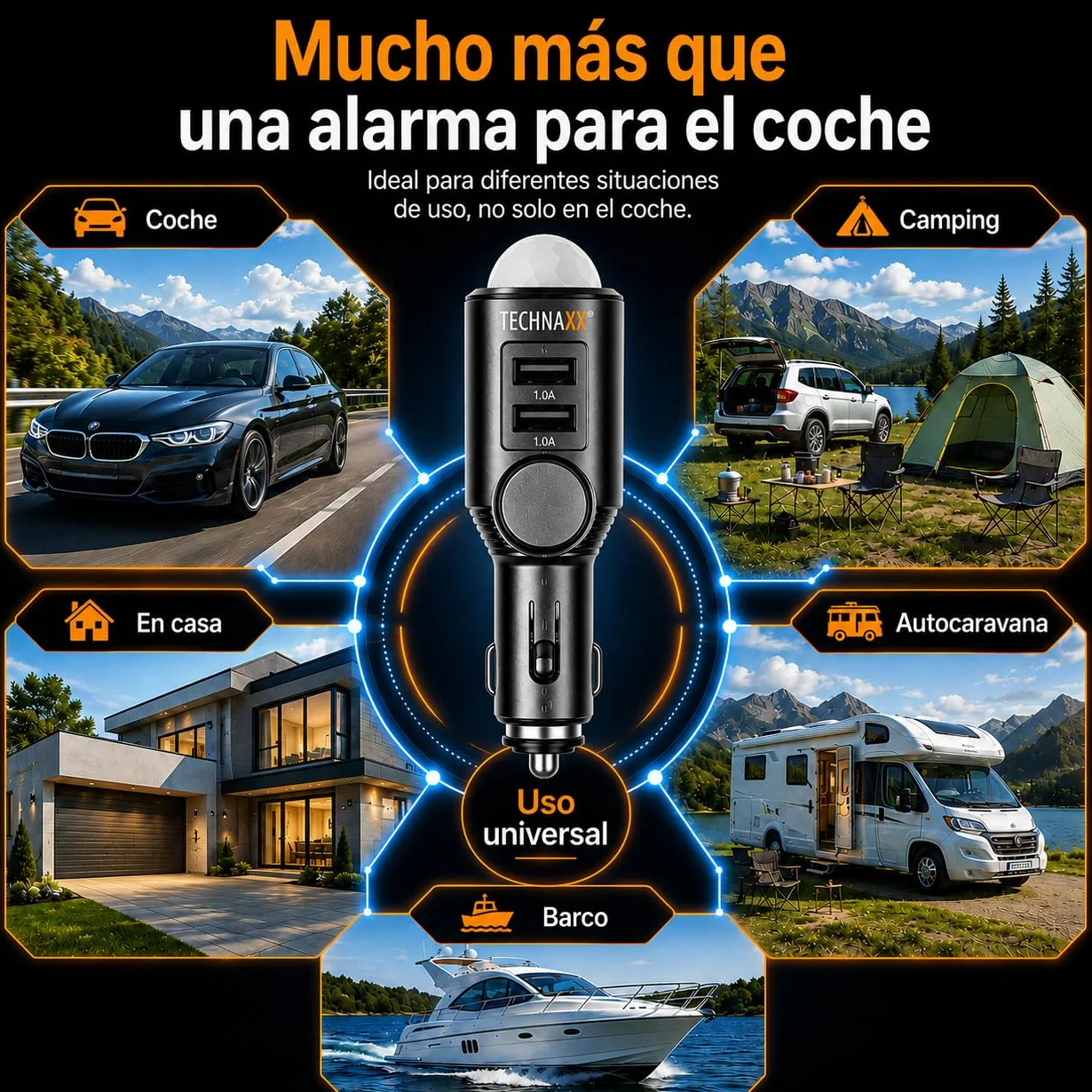 Technaxx Alemania Sensor De Detección De Movimiento Sistema De Alarma De Coche Vigilancia Del Interior Del Vehículo 110dB Sirena Función De Carga 2 Puertos USB TX-100