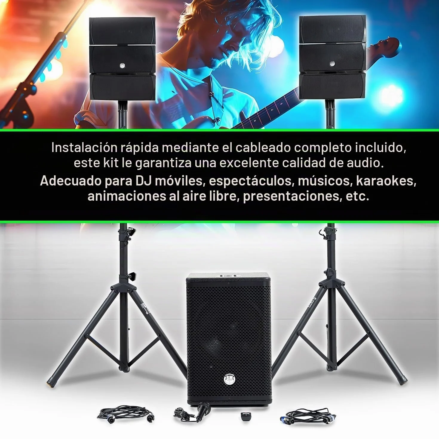 Pack de sonido DJ completo BM Bmsonic BMS-12-ARRAY-BT MKII, 1000W, altavoces Sat, caja de 31 cm USB/Bluetooth, soportes para cables