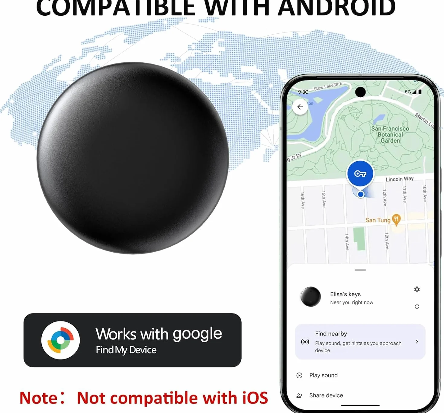 GPS Tracker Magnético Oculto para Coches sin Cuota Mensual, no SIM, Seguimiento en Tiempo Real, Compatible con Google Find My (Negra)