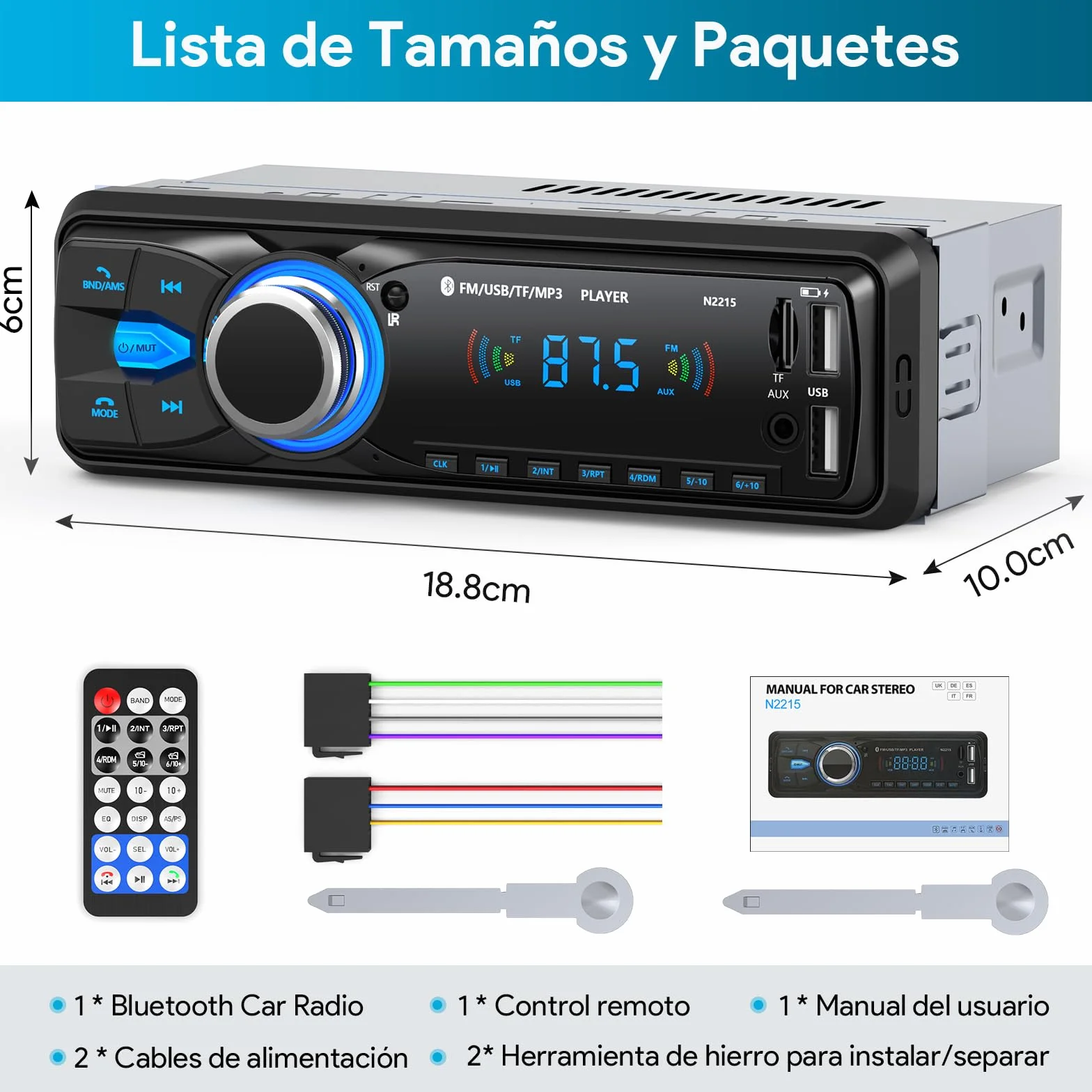 Radio Coche Bluetooth 5.0 Manos Libres, Chismos Autoradio Coche Bluetooth Pantalla1 DIN FM Radio soporta MP3/AUX/2USB/Control Remoto/Carga Rápida (Sin RDS/CD/DVD)