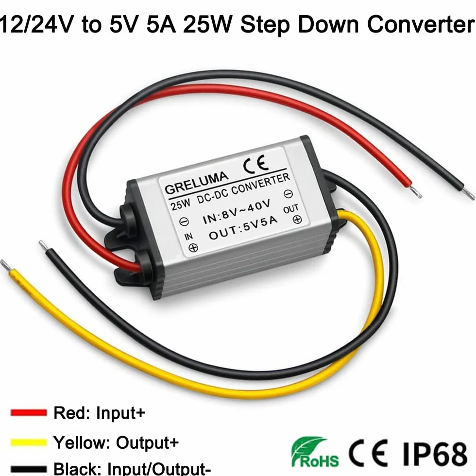 Greluma 1PC DC 12V 24V a 5V Regulador Convertidor Reductor 5A 25W Adaptador de Corriente Reductor para Electrónica de Automóvil Camión Vehículo Barco Sistema Solar (Entradas DC 8-40 V)