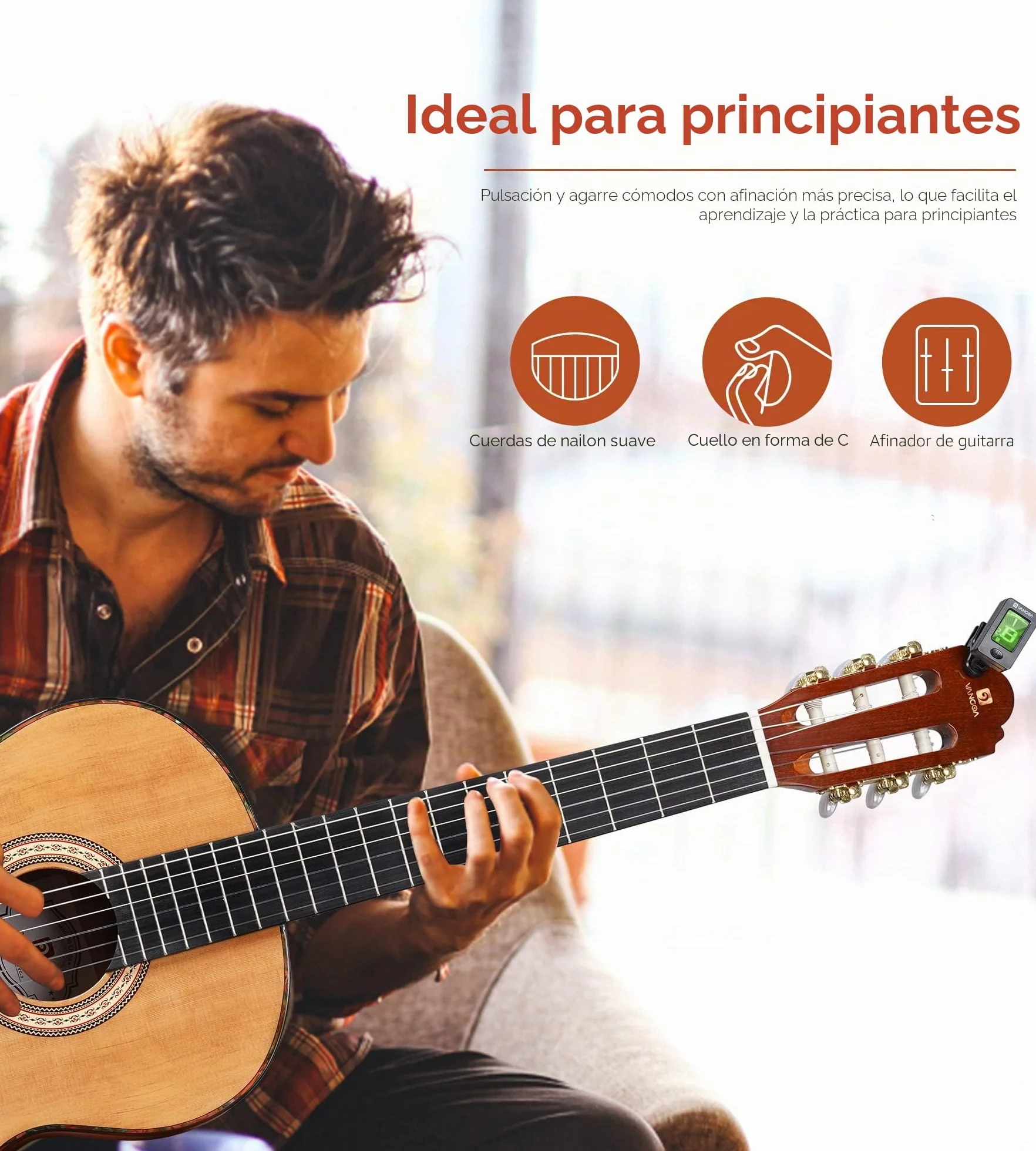Vangoa Guitarra Clásica Española 4/4 Starter Set, Acústica De Sapeli Y Pino Rojo, Cuerdas De Nylon, Con Estuche, Pedal Y Afinador